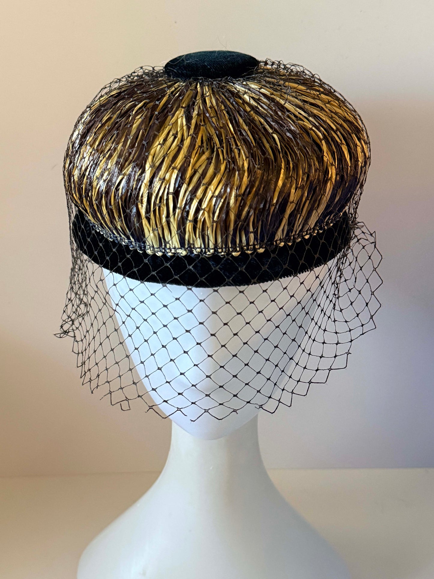 Vintage 1950s Gold Brown Straw Pillbox Hat Black Velvet Birdcage Veil Women's Mid Century Cocktail Hat