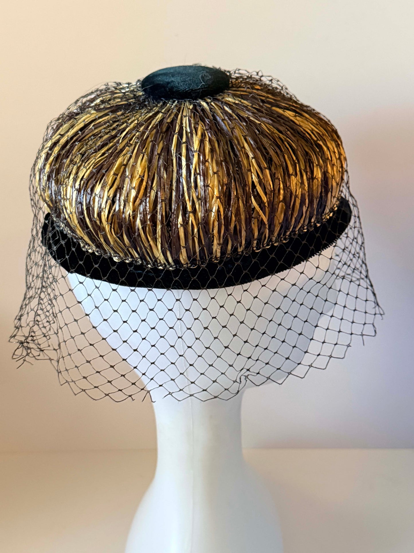 Vintage 1950s Gold Brown Straw Pillbox Hat Black Velvet Birdcage Veil Women's Mid Century Cocktail Hat