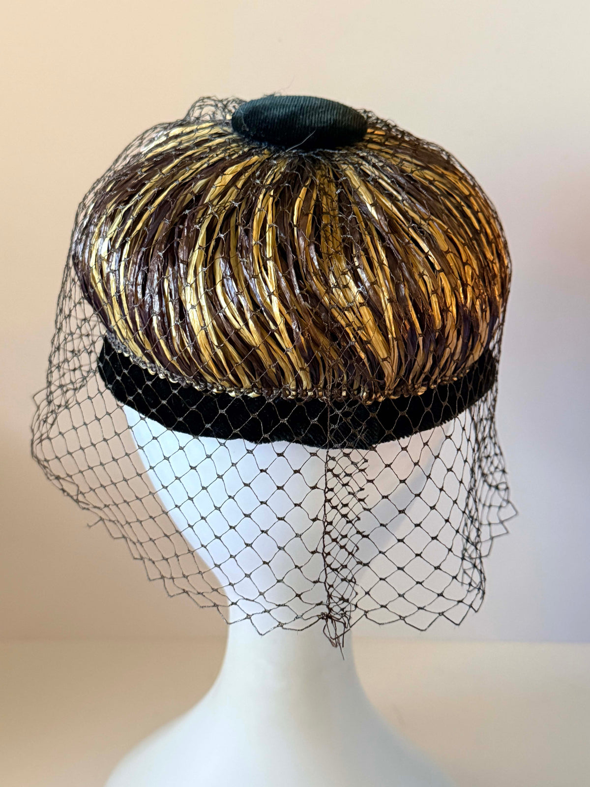 Vintage 1950s Gold Brown Straw Pillbox Hat Black Velvet Birdcage Veil Women's Mid Century Cocktail Hat