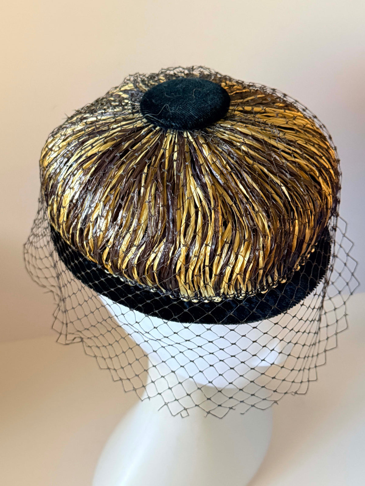 Vintage 1950s Gold Brown Straw Pillbox Hat Black Velvet Birdcage Veil Women's Mid Century Cocktail Hat