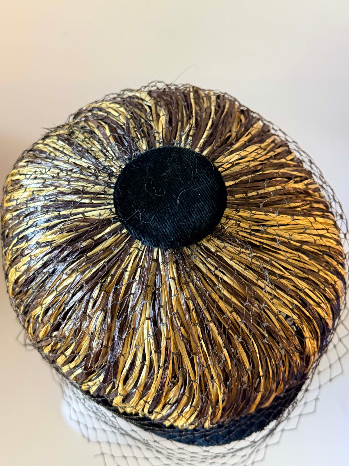 Vintage 1950s Gold Brown Straw Pillbox Hat Black Velvet Birdcage Veil Women's Mid Century Cocktail Hat