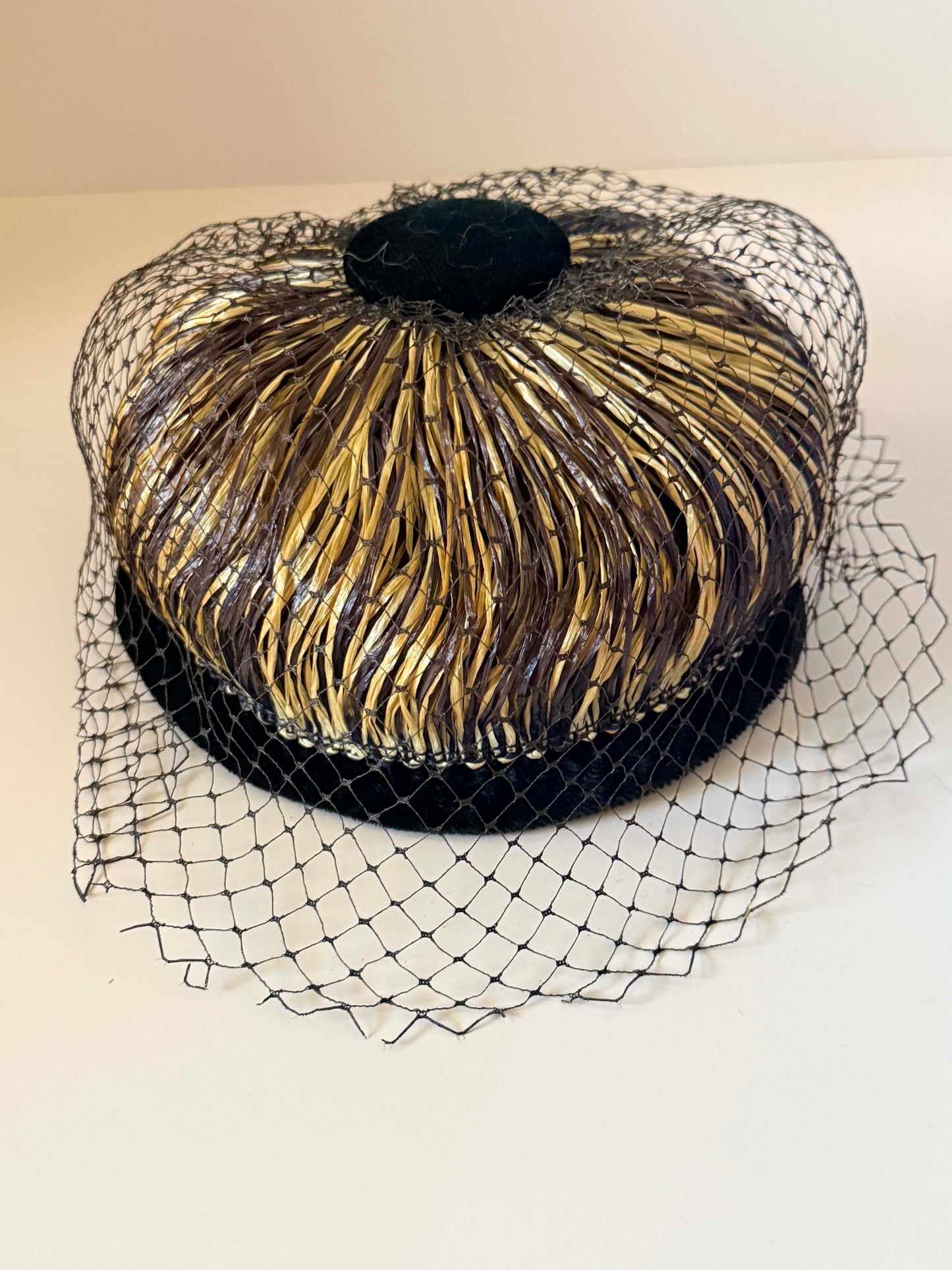 Vintage 1950s Gold Brown Straw Pillbox Hat Black Velvet Birdcage Veil Women's Mid Century Cocktail Hat