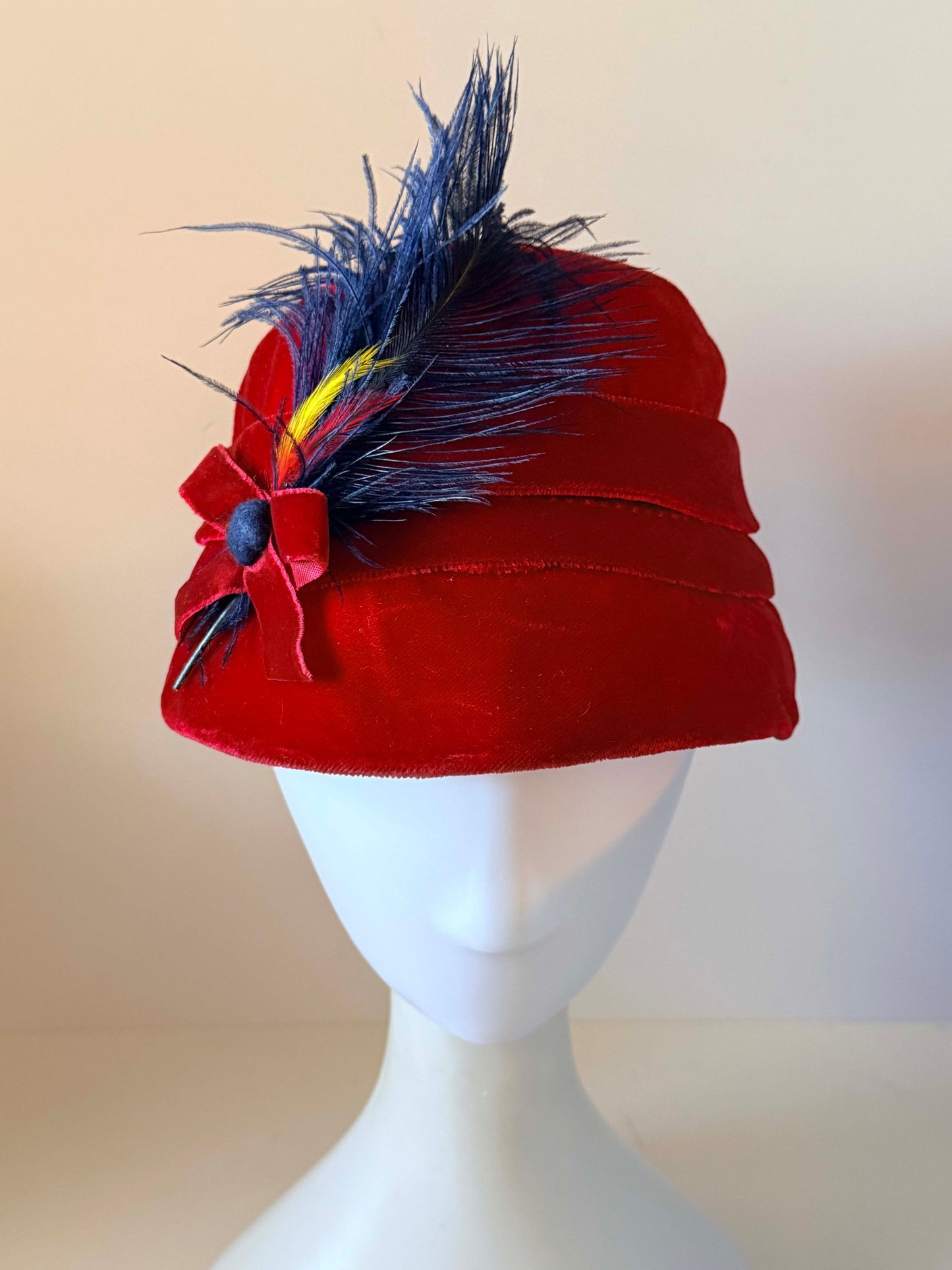 Vintage 1940s Red Velvet Tilt Hat Navy Blue Feather Plume Bow Women's WWII Era Millinery