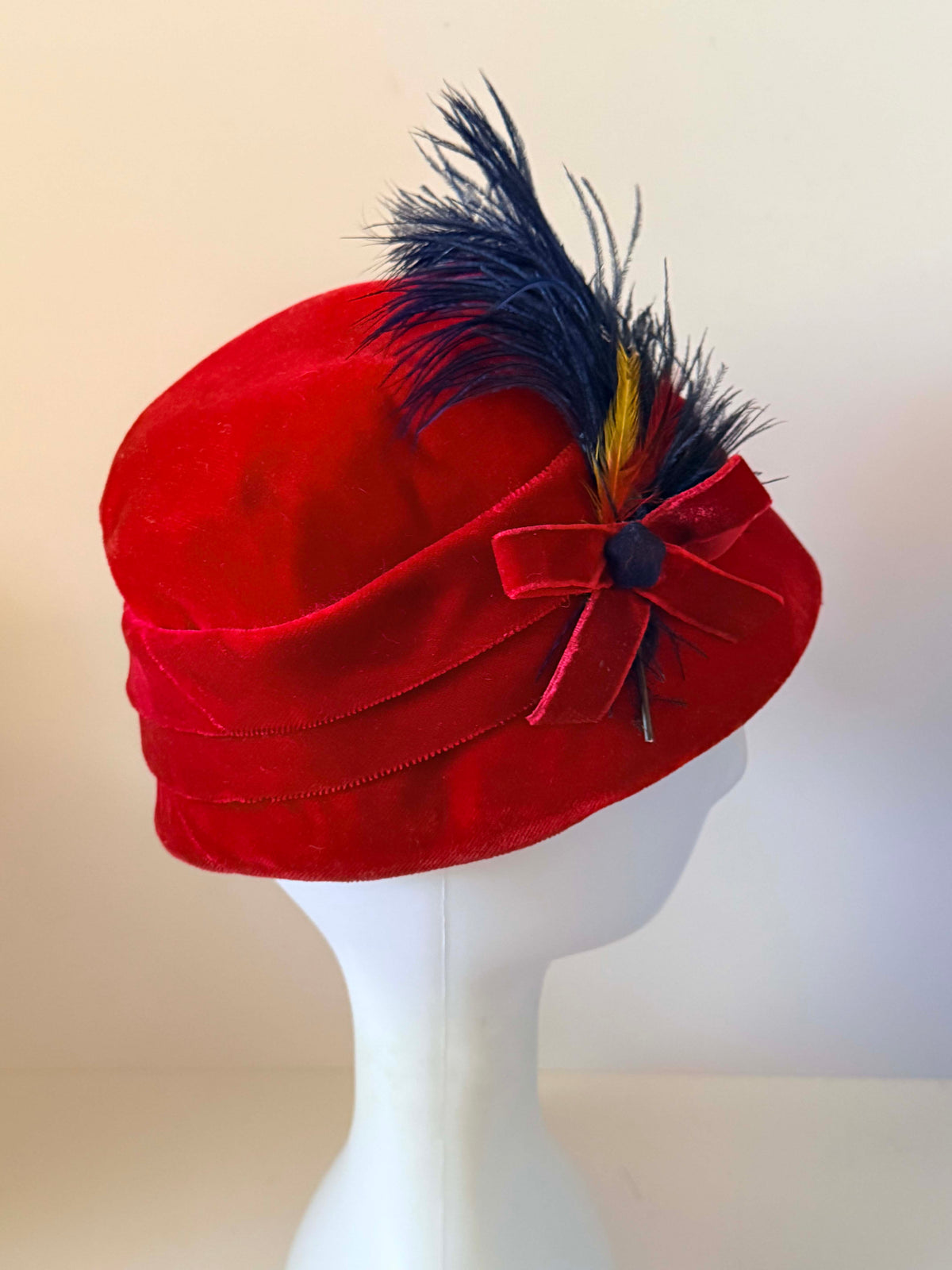 Vintage 1940s Red Velvet Tilt Hat Navy Blue Feather Plume Bow Women's WWII Era Millinery