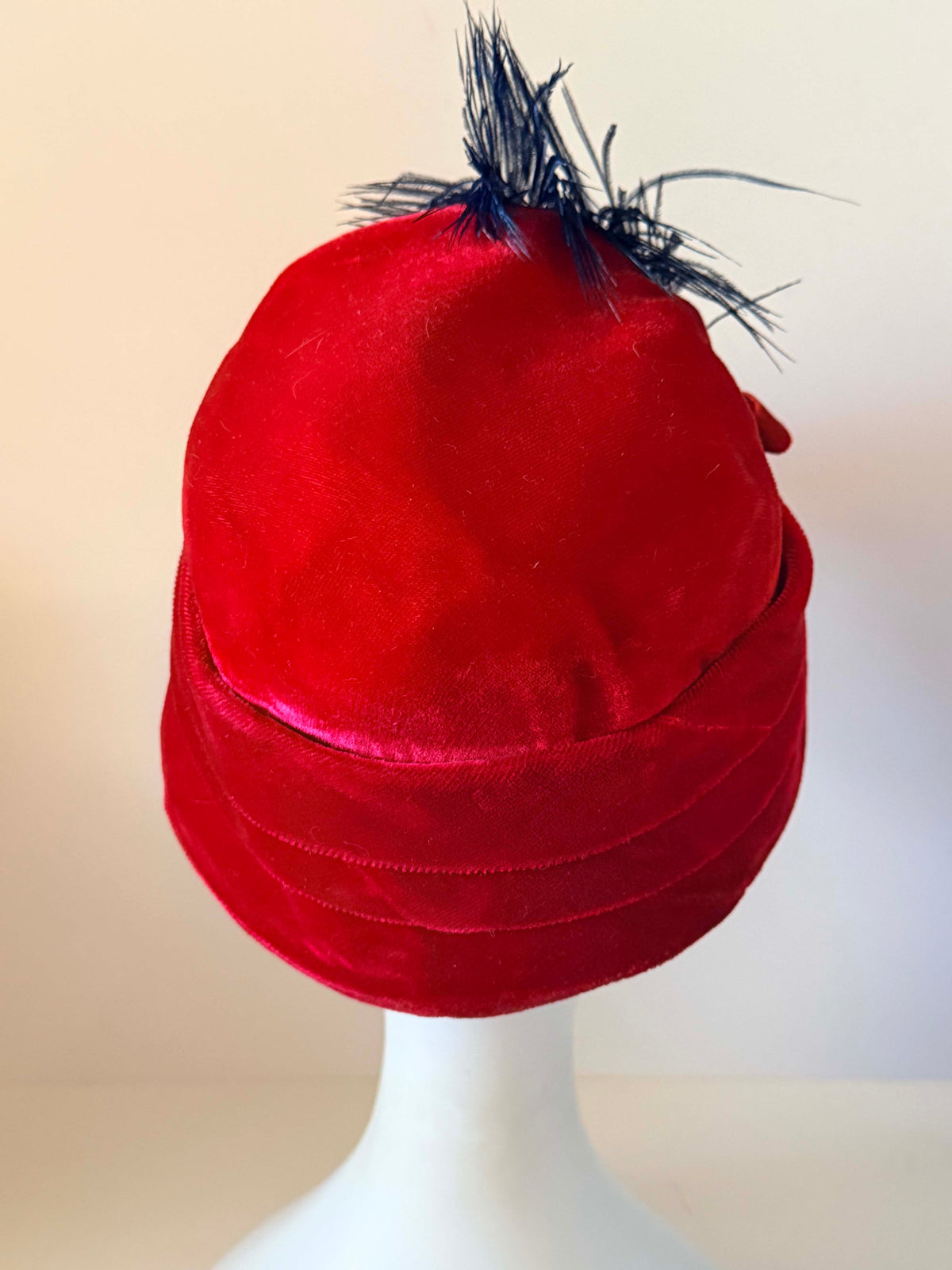 Vintage 1940s Red Velvet Tilt Hat Navy Blue Feather Plume Bow Women's WWII Era Millinery