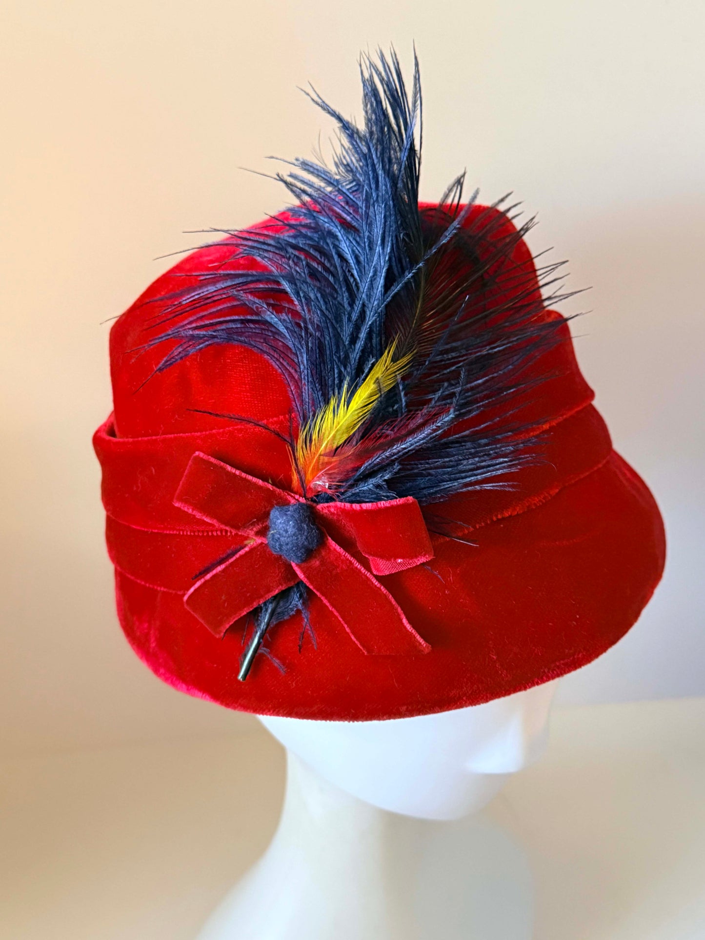 Vintage 1940s Red Velvet Tilt Hat Navy Blue Feather Plume Bow Women's WWII Era Millinery