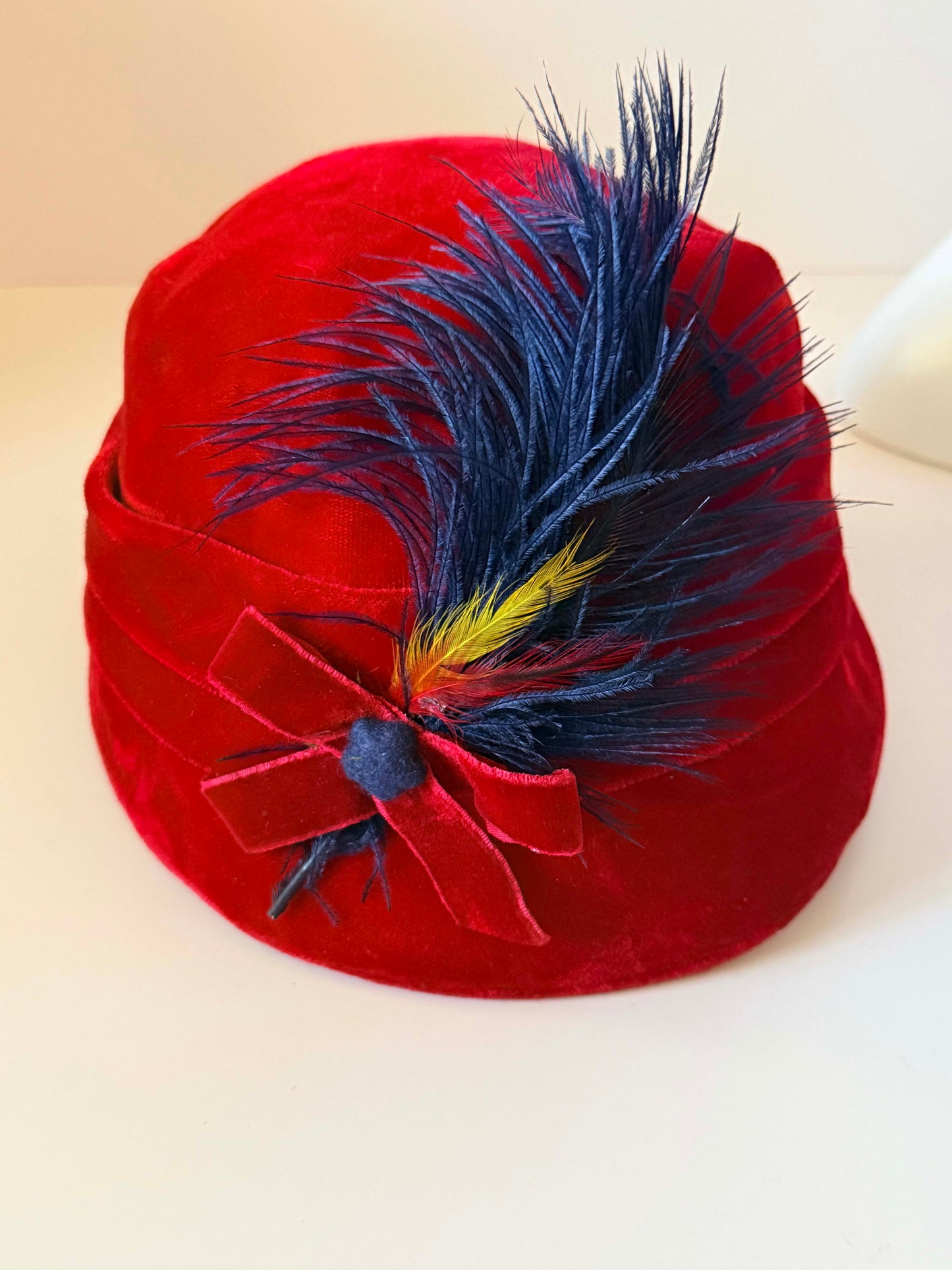 Vintage 1940s Red Velvet Tilt Hat Navy Blue Feather Plume Bow Women's WWII Era Millinery