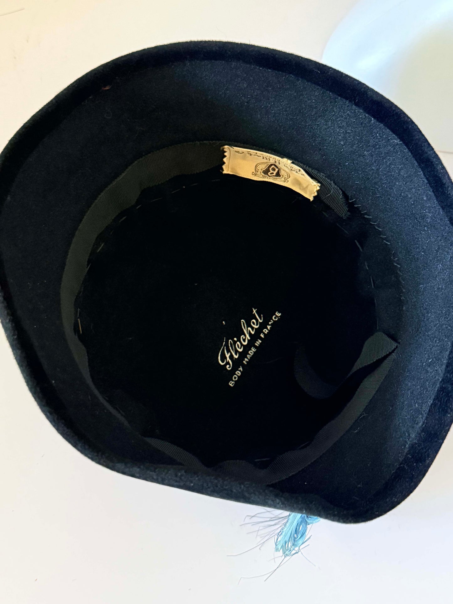 Vintage 1940s Flechet Blue Black Velour Felt Hat Blue Feather Trim Made in France Women's French Millinery