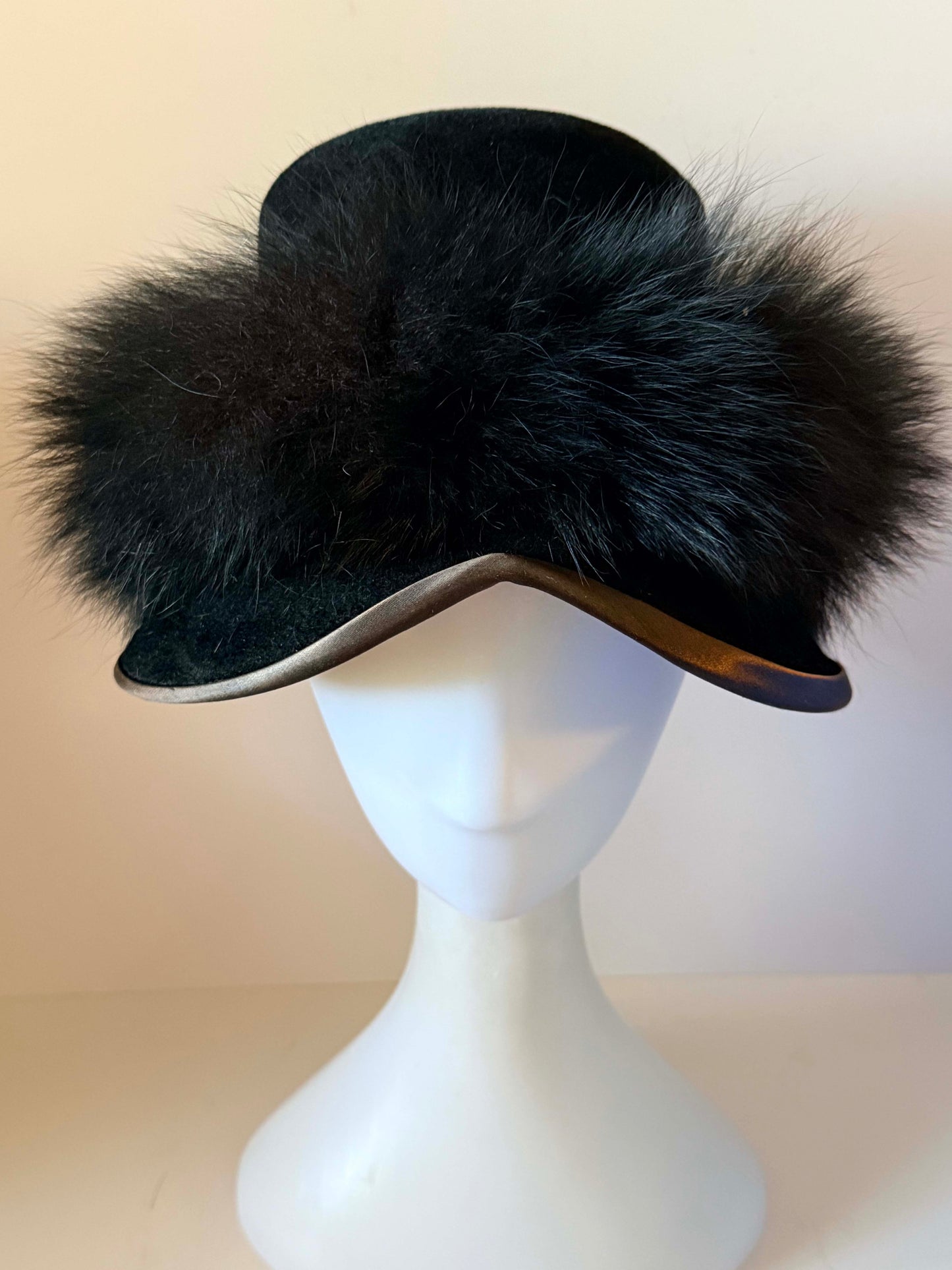 Vintage 1950s Black Fur Felt Hat Black Faux Fur Trim Sculpted Brim Nellie Mae Antiques Women's Mid Century Millinery