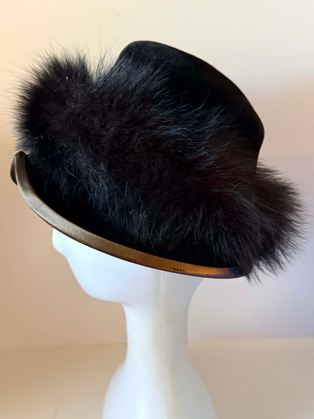 Vintage 1950s Black Fur Felt Hat Black Faux Fur Trim Sculpted Brim Nellie Mae Antiques Women's Mid Century Millinery