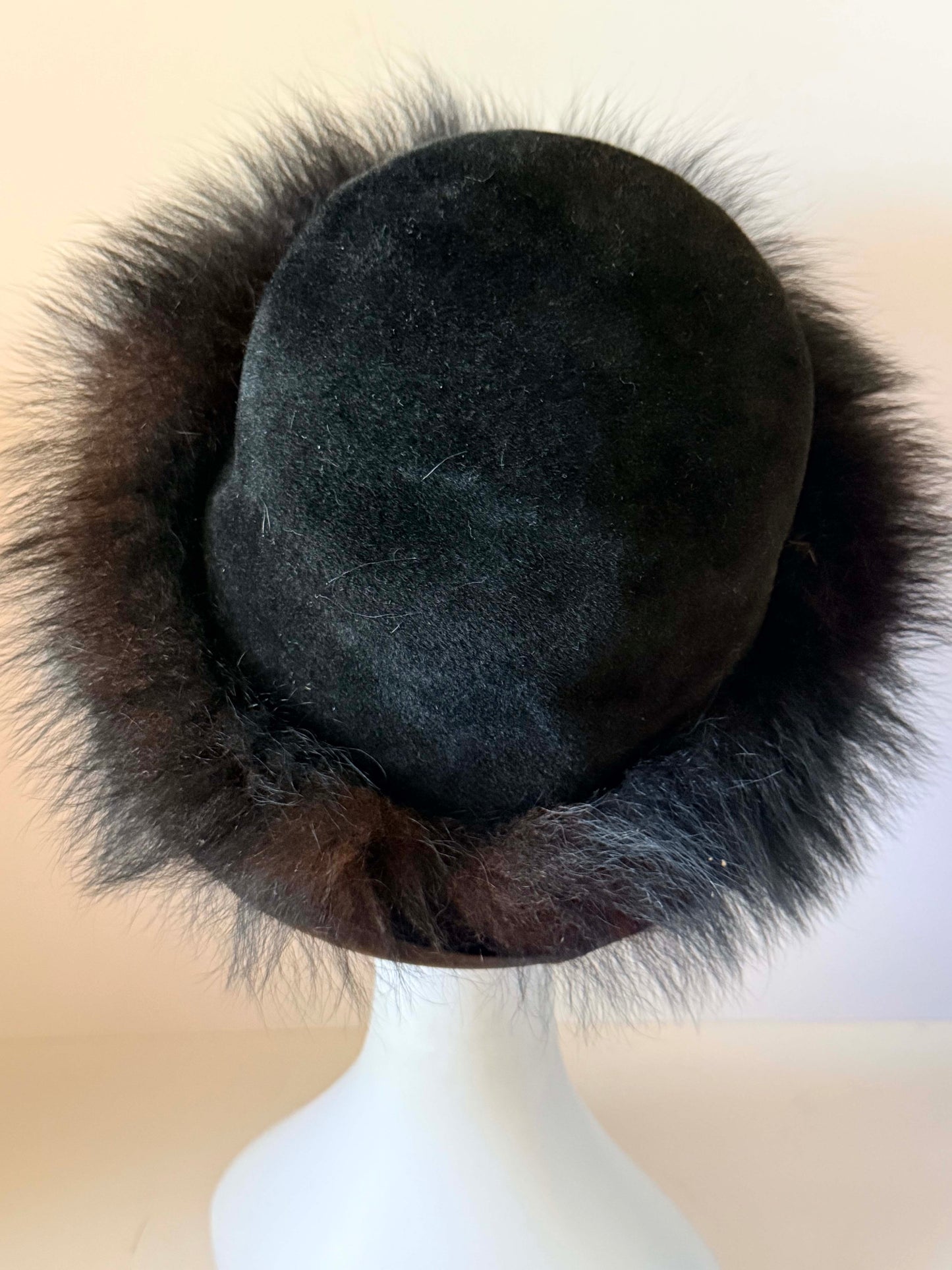 Vintage 1950s Black Fur Felt Hat Black Faux Fur Trim Sculpted Brim Nellie Mae Antiques Women's Mid Century Millinery