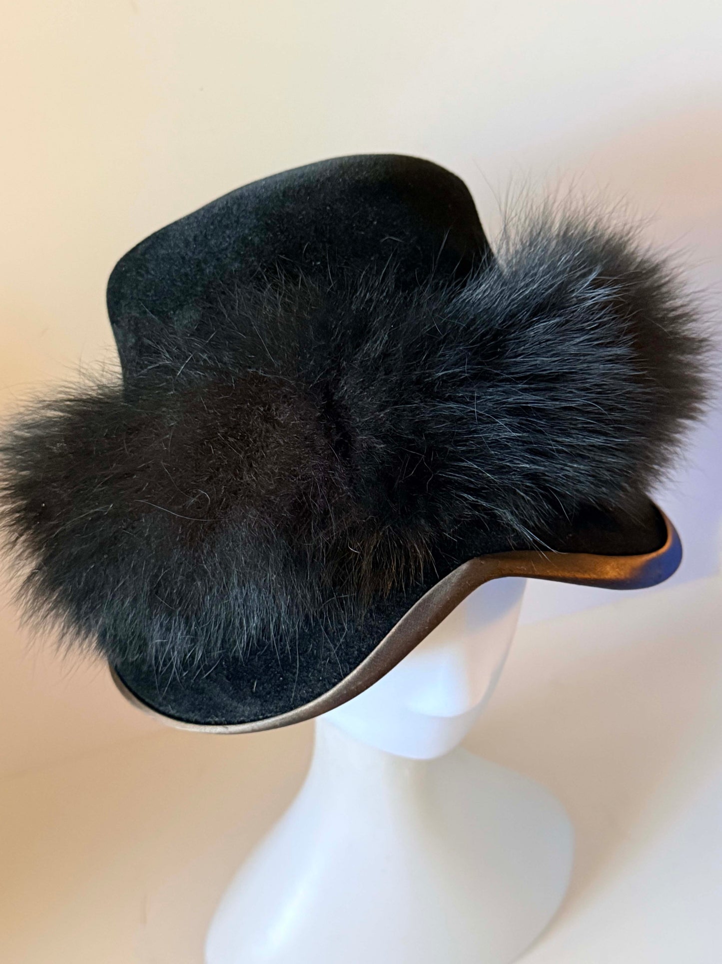 Vintage 1950s Black Fur Felt Hat Black Faux Fur Trim Sculpted Brim Nellie Mae Antiques Women's Mid Century Millinery