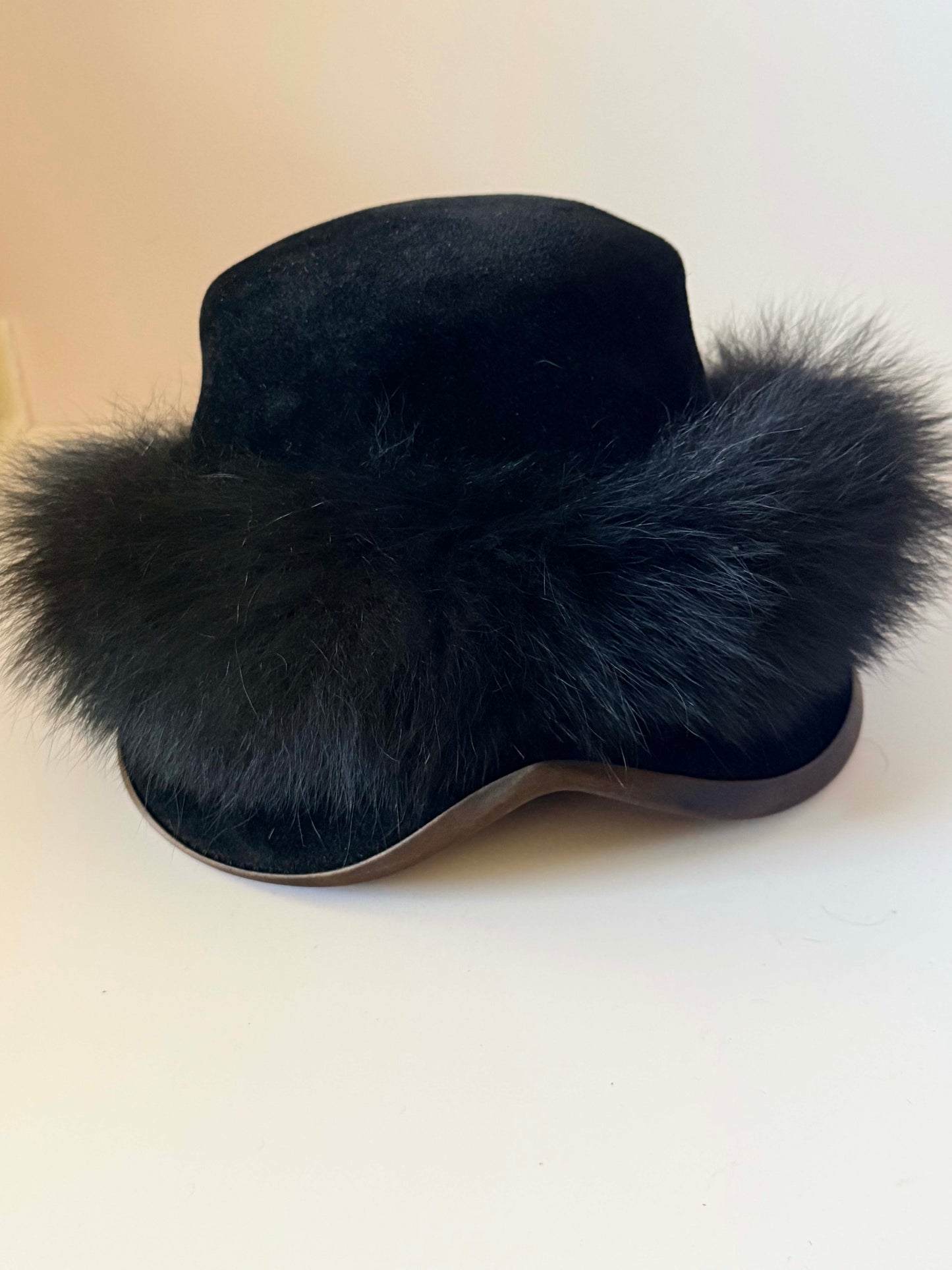 Vintage 1950s Black Fur Felt Hat Black Faux Fur Trim Sculpted Brim Nellie Mae Antiques Women's Mid Century Millinery