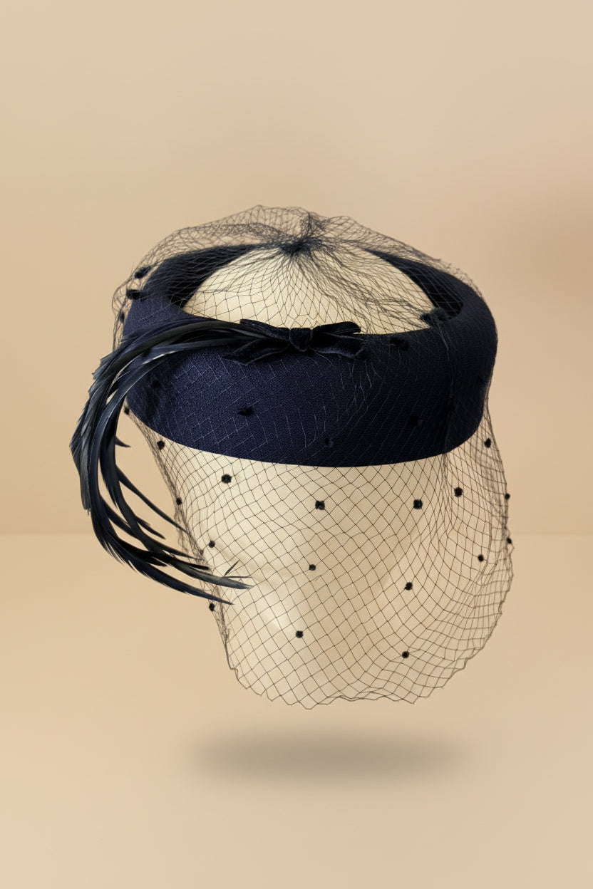 1950s Dark Navy Veiled Cocktail Hat – Feather Accent Fascinator