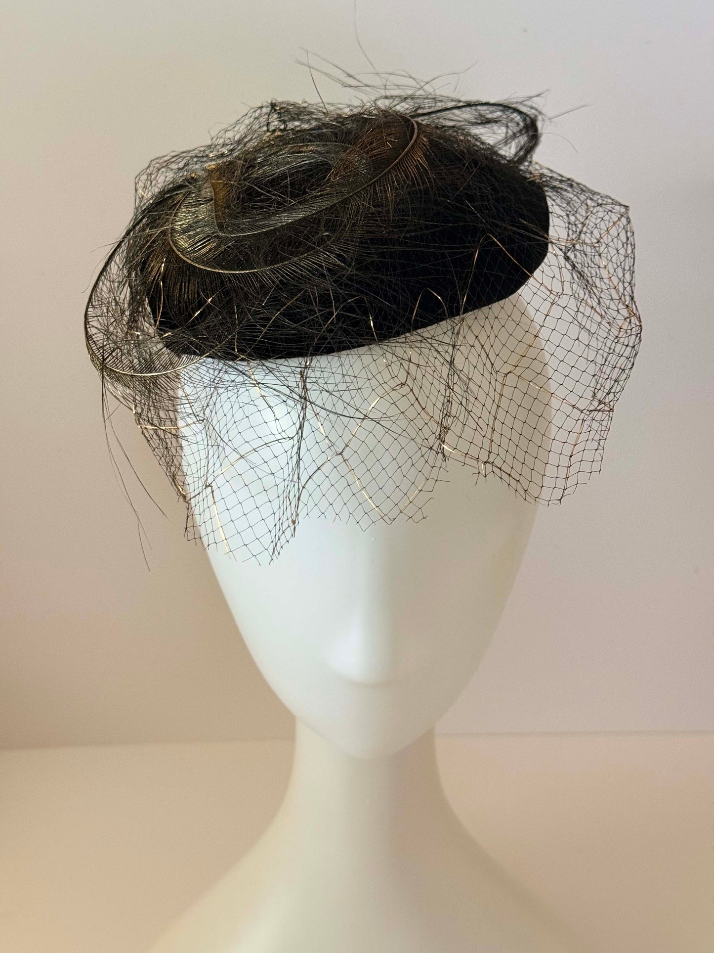 1950s Mr. Henry Creations Black Veiled Fascinator – Feather Cocktail Hat