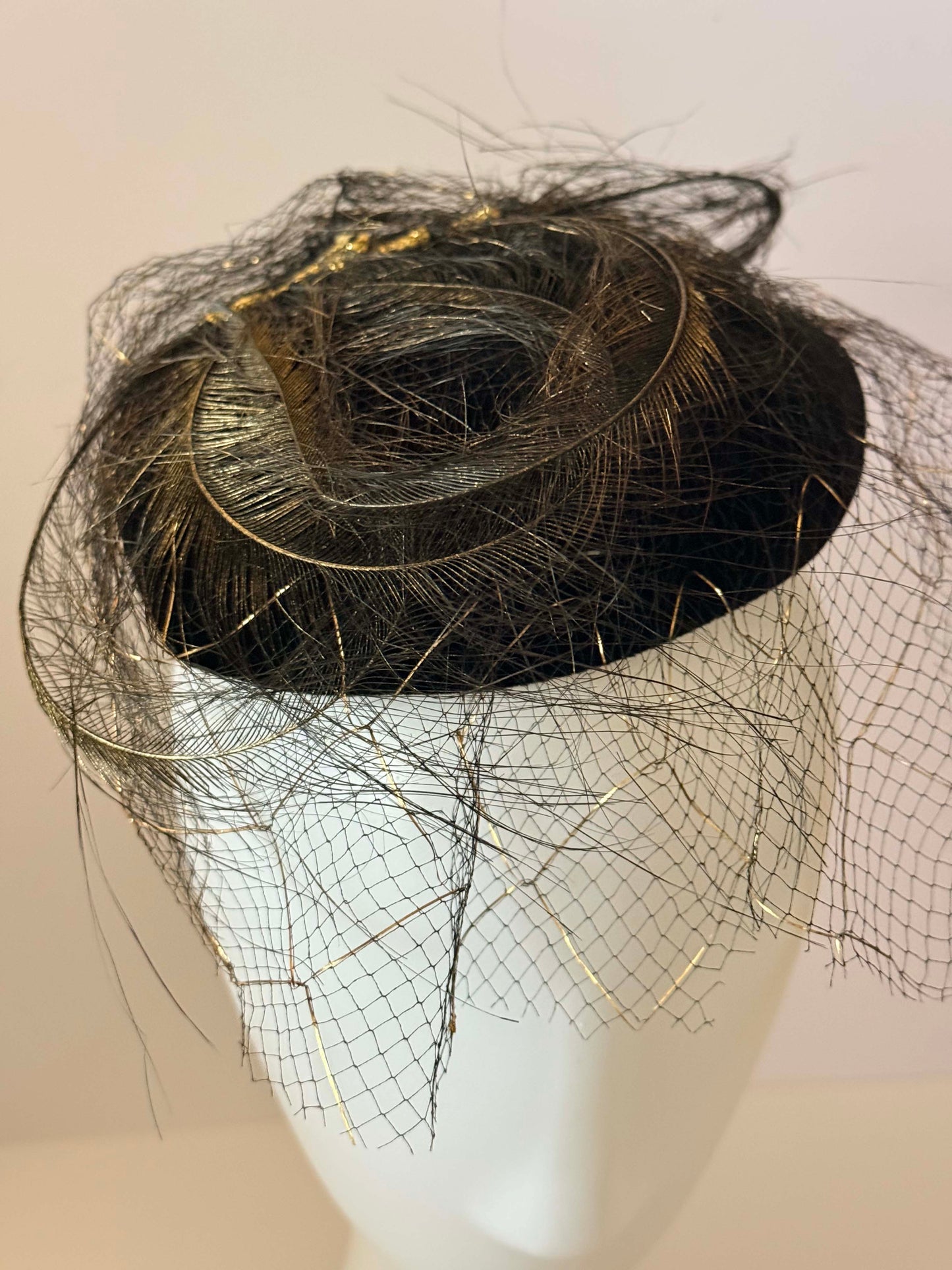 1950s Mr. Henry Creations Black Veiled Fascinator – Feather Cocktail Hat