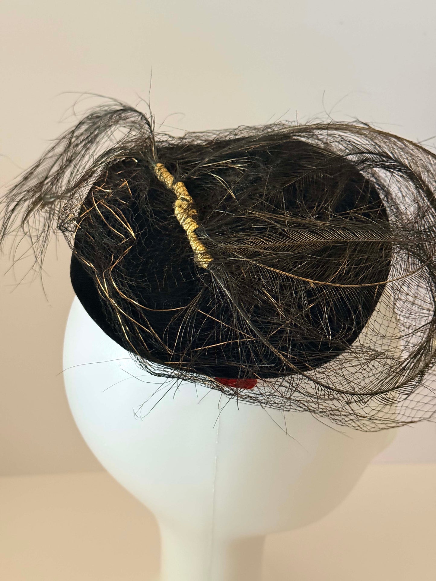 1950s Mr. Henry Creations Black Veiled Fascinator – Feather Cocktail Hat