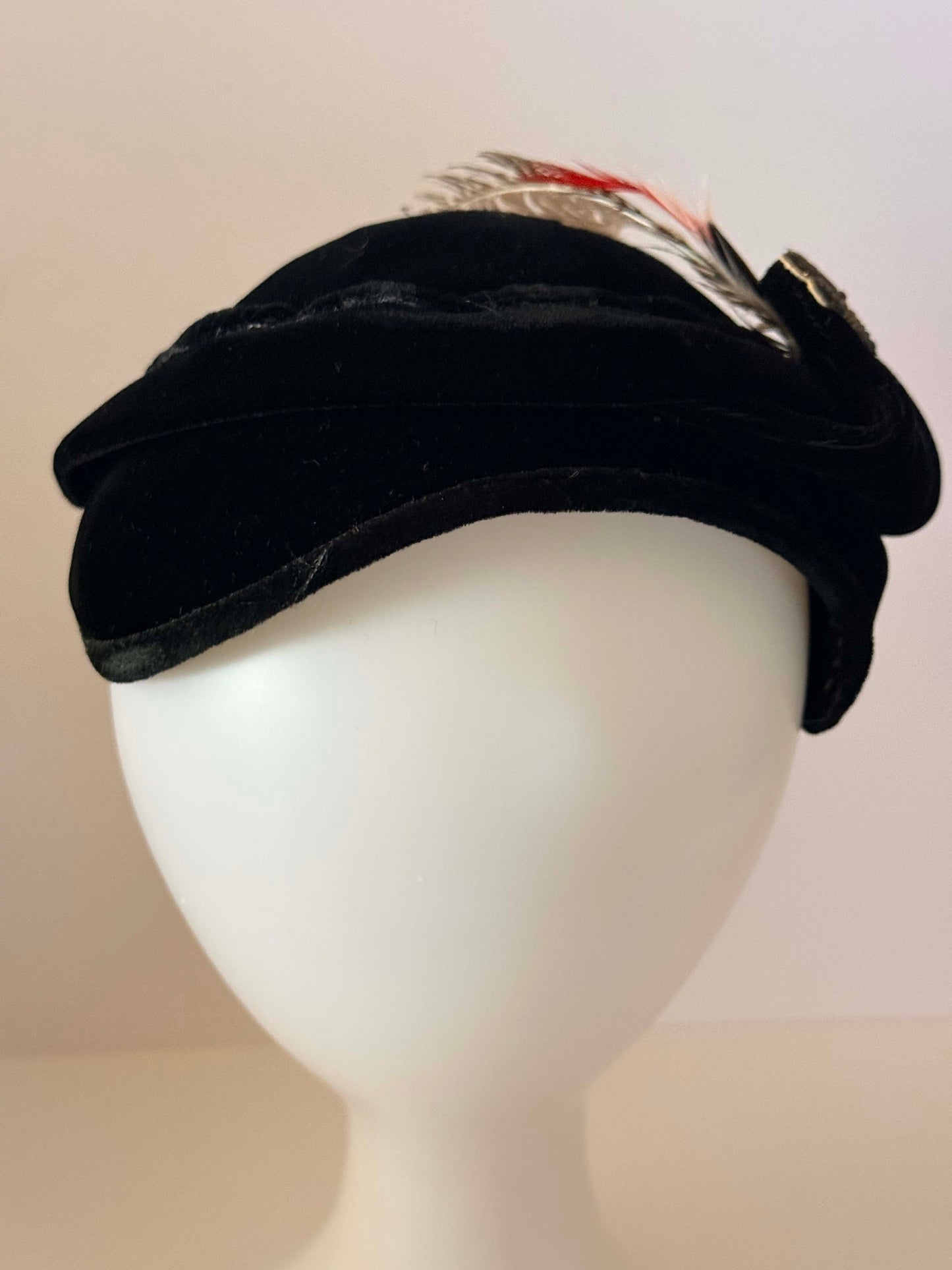 1940s–1950s Black Velvet Cocktail Hat – Feather & Rhinestone Floral Accent Mid Century Draped Tilt Hat