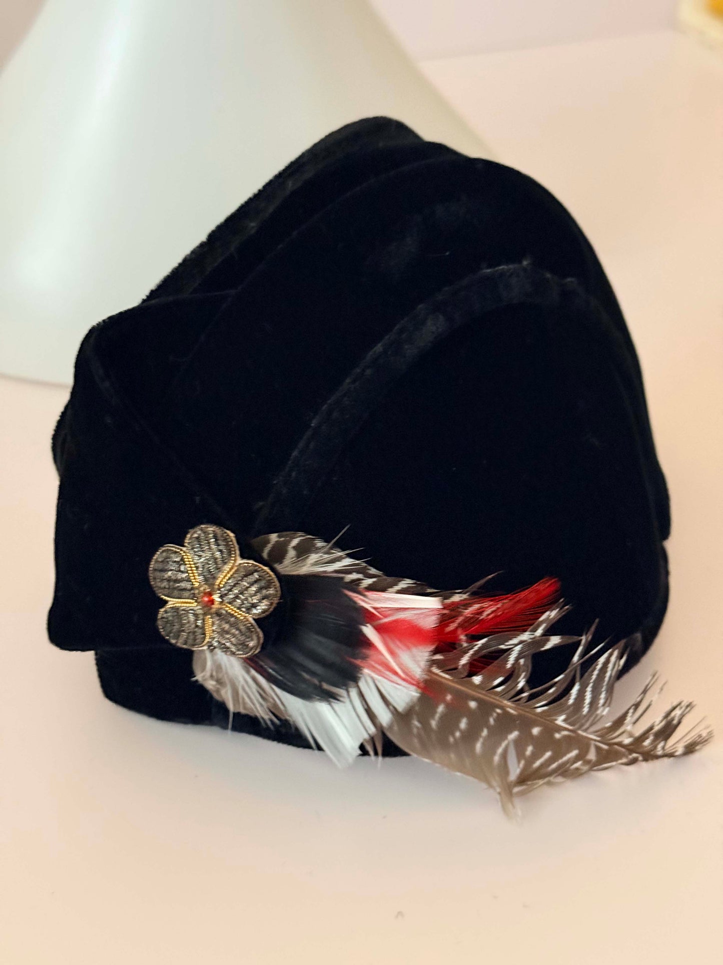 1940s–1950s Black Velvet Cocktail Hat – Feather & Rhinestone Floral Accent Mid Century Draped Tilt Hat