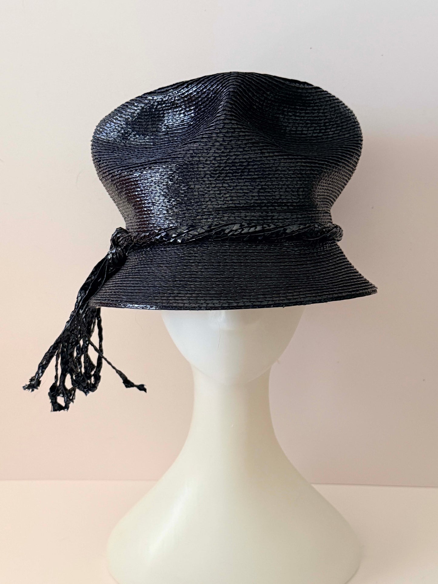 1960s Frederick & Nelson Black Straw Hat – Textured Bucket Cloche with Tassel Trim