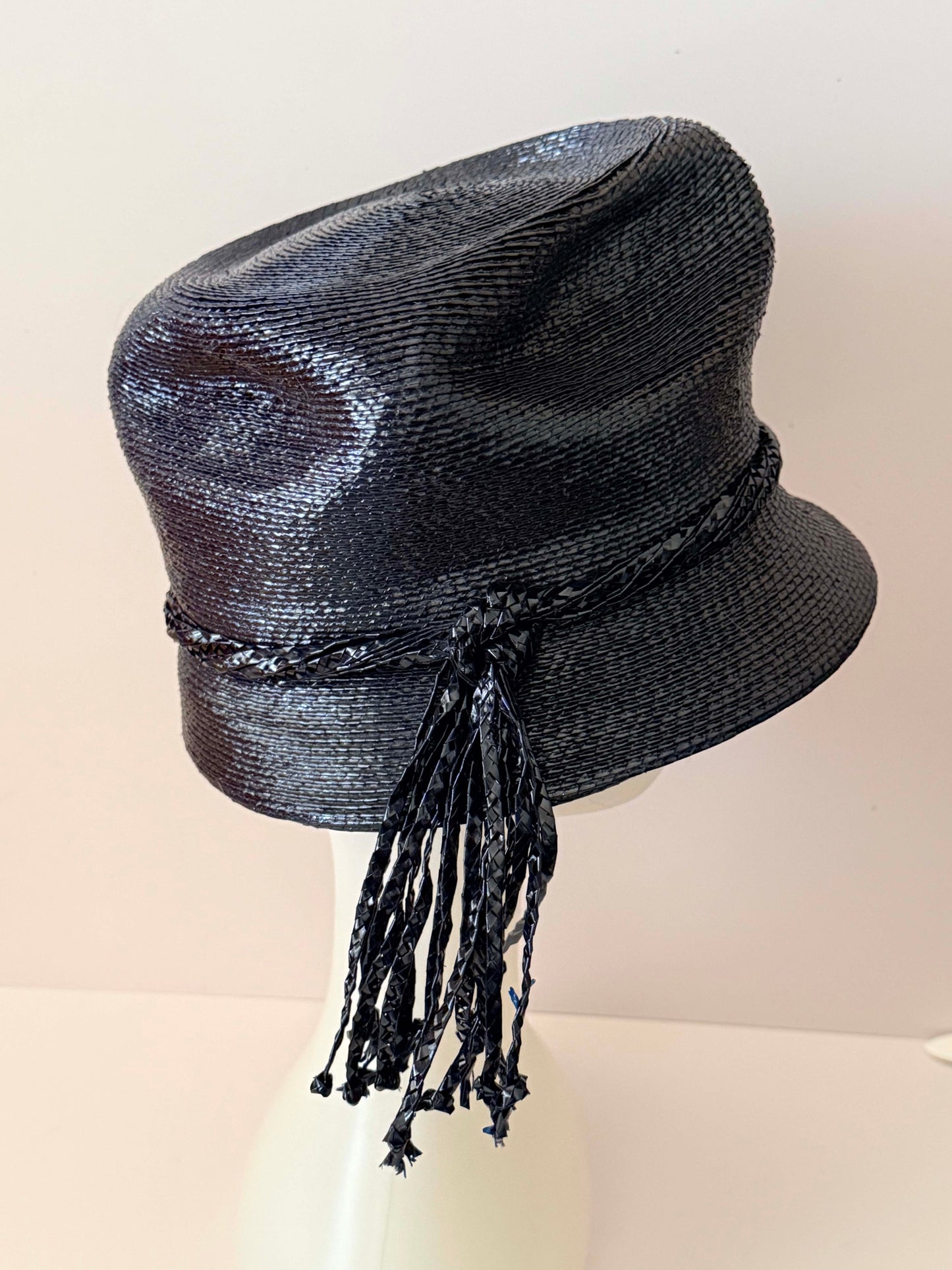 1960s Frederick & Nelson Black Straw Hat – Textured Bucket Cloche with Tassel Trim