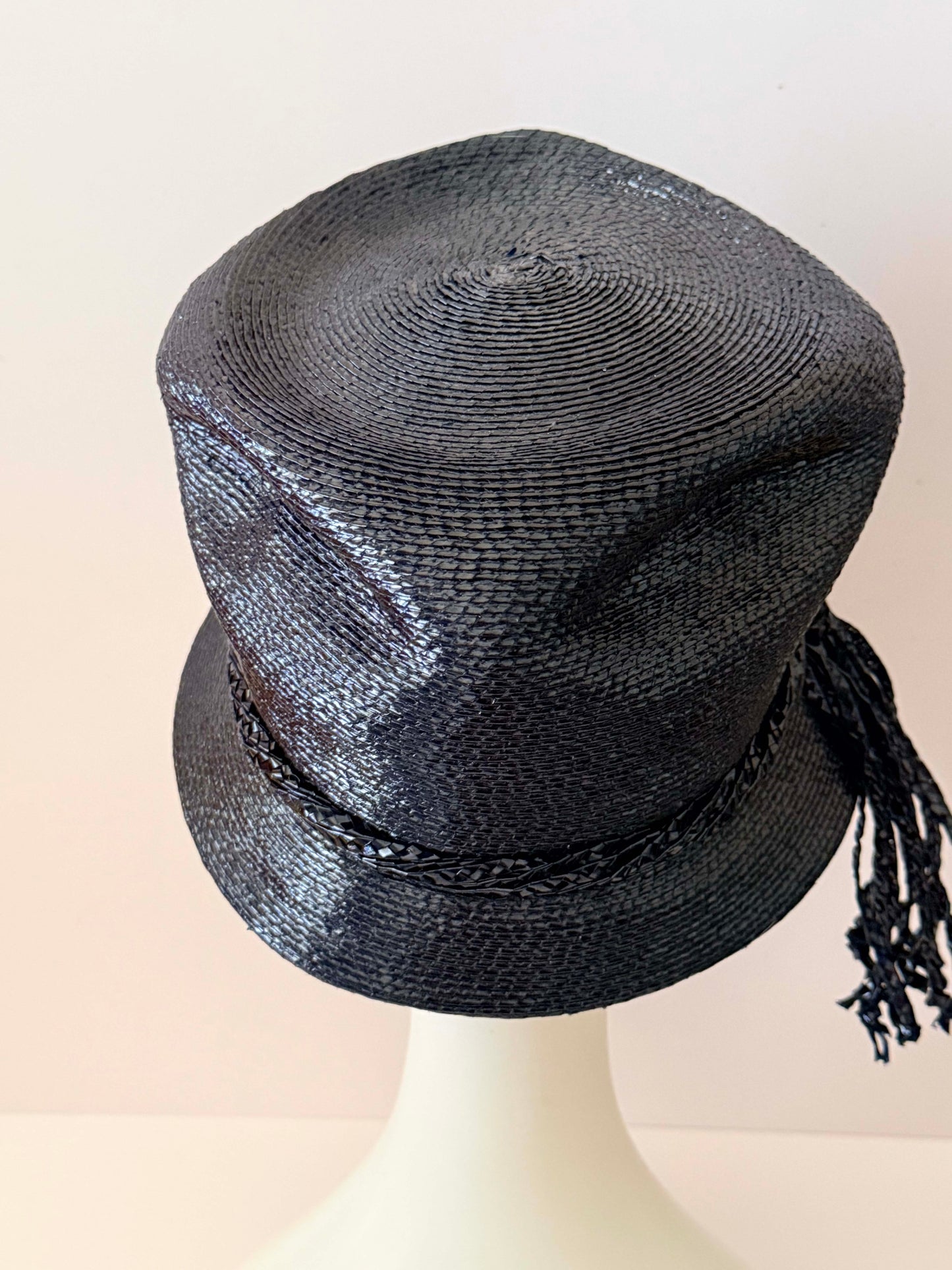 1960s Frederick & Nelson Black Straw Hat – Textured Bucket Cloche with Tassel Trim