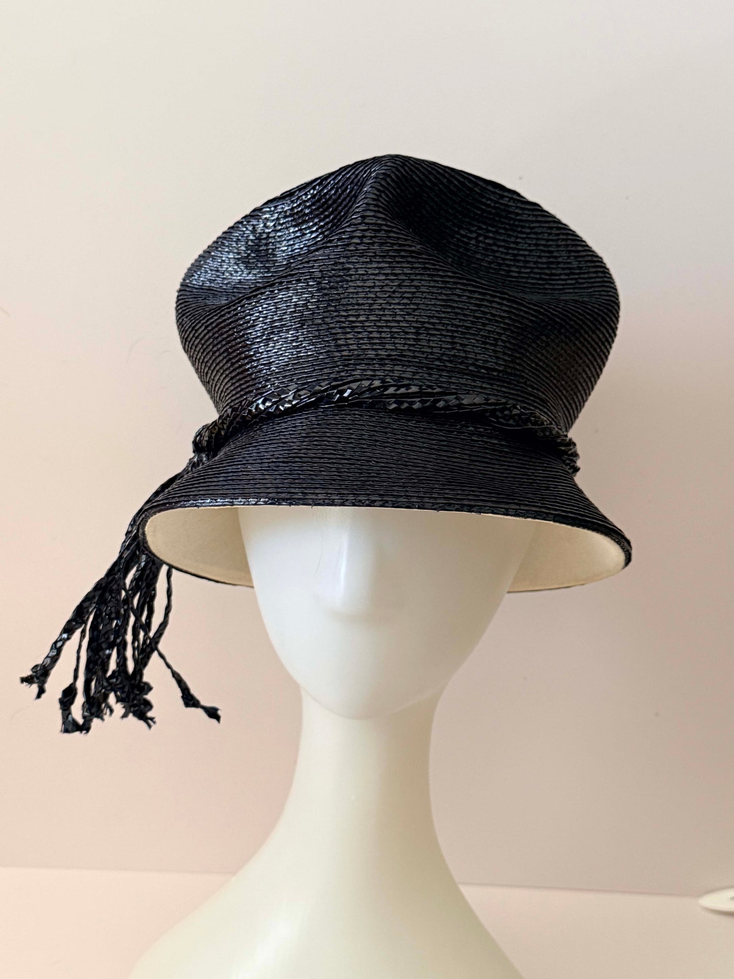 1960s Frederick & Nelson Black Straw Hat – Textured Bucket Cloche with Tassel Trim