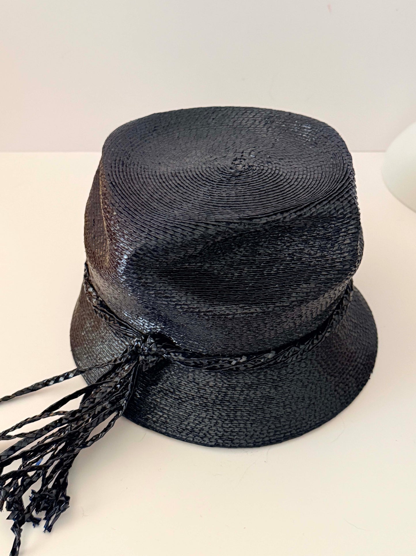 1960s Frederick & Nelson Black Straw Hat – Textured Bucket Cloche with Tassel Trim