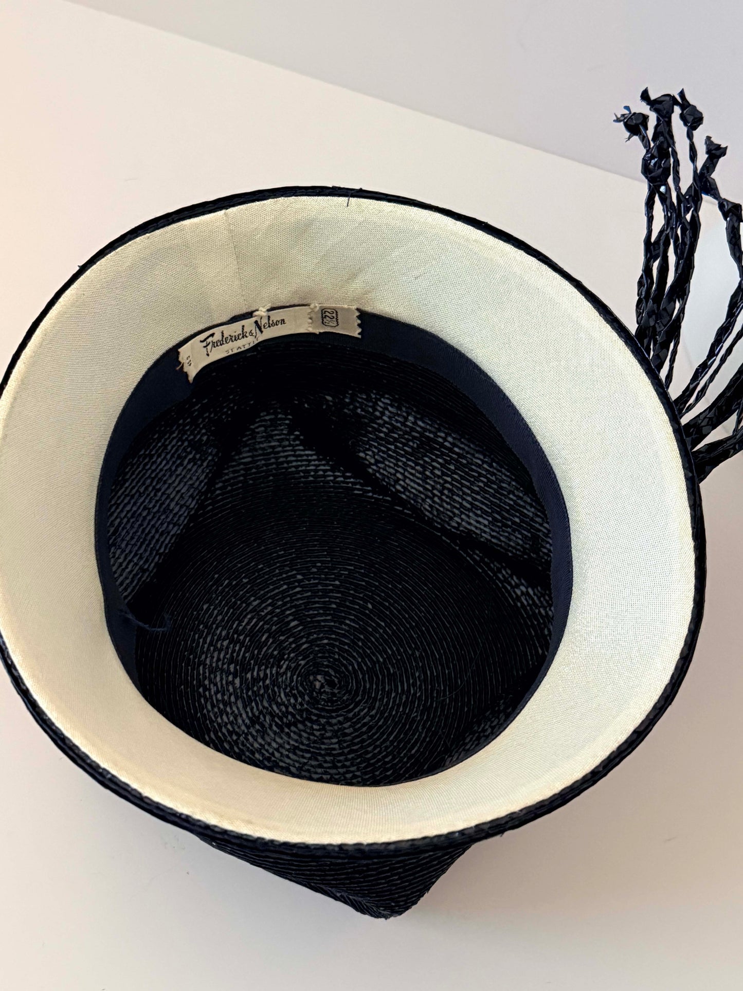 1960s Frederick & Nelson Black Straw Hat – Textured Bucket Cloche with Tassel Trim