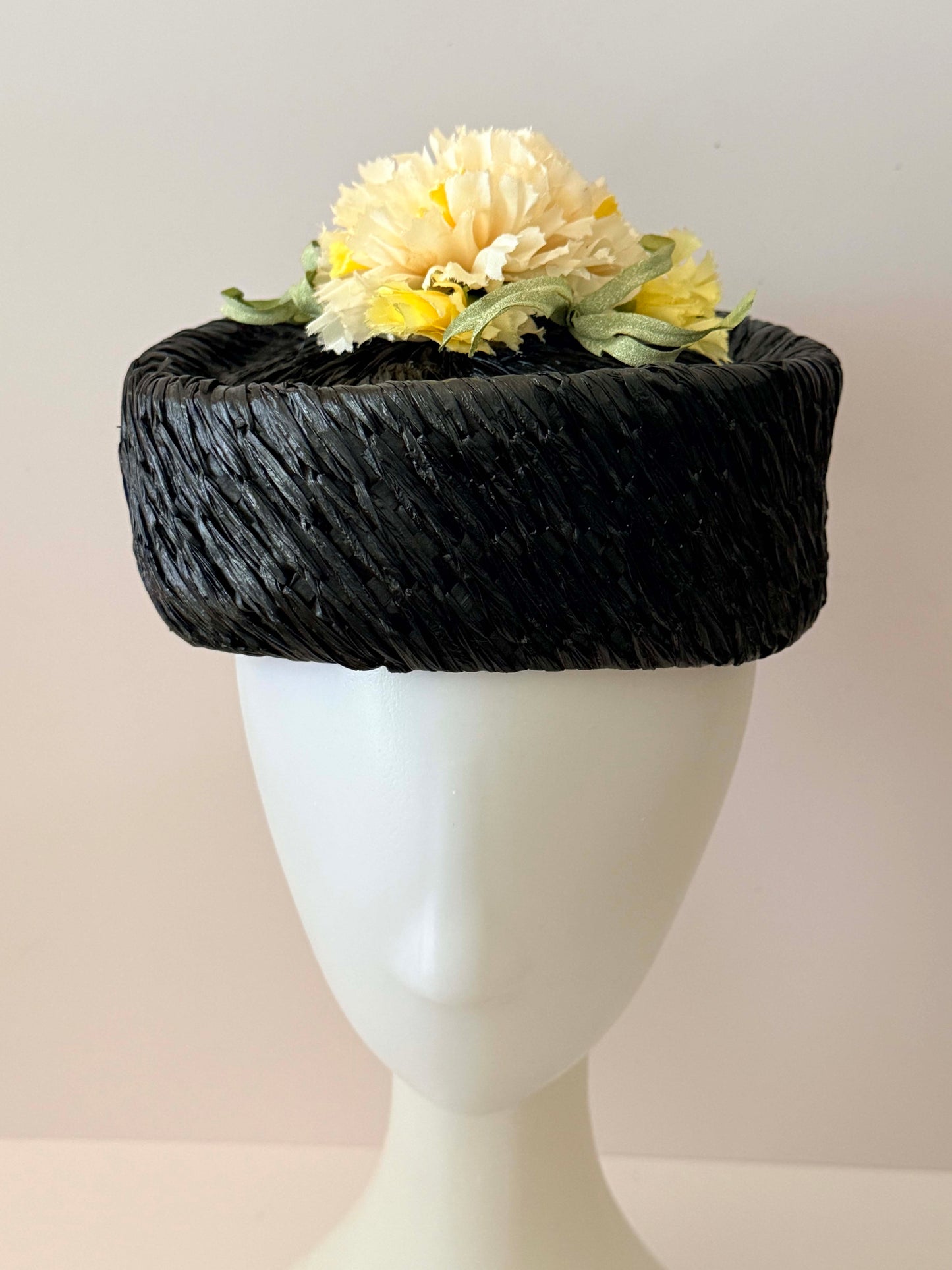 1950s Black Raffia Floral Vintage Hat – Woven Straw Cocktail Hat with Yellow Bloom