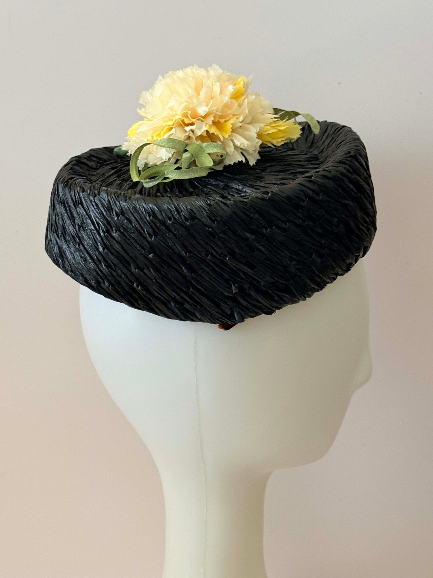 1950s Black Raffia Floral Vintage Hat – Woven Straw Cocktail Hat with Yellow Bloom