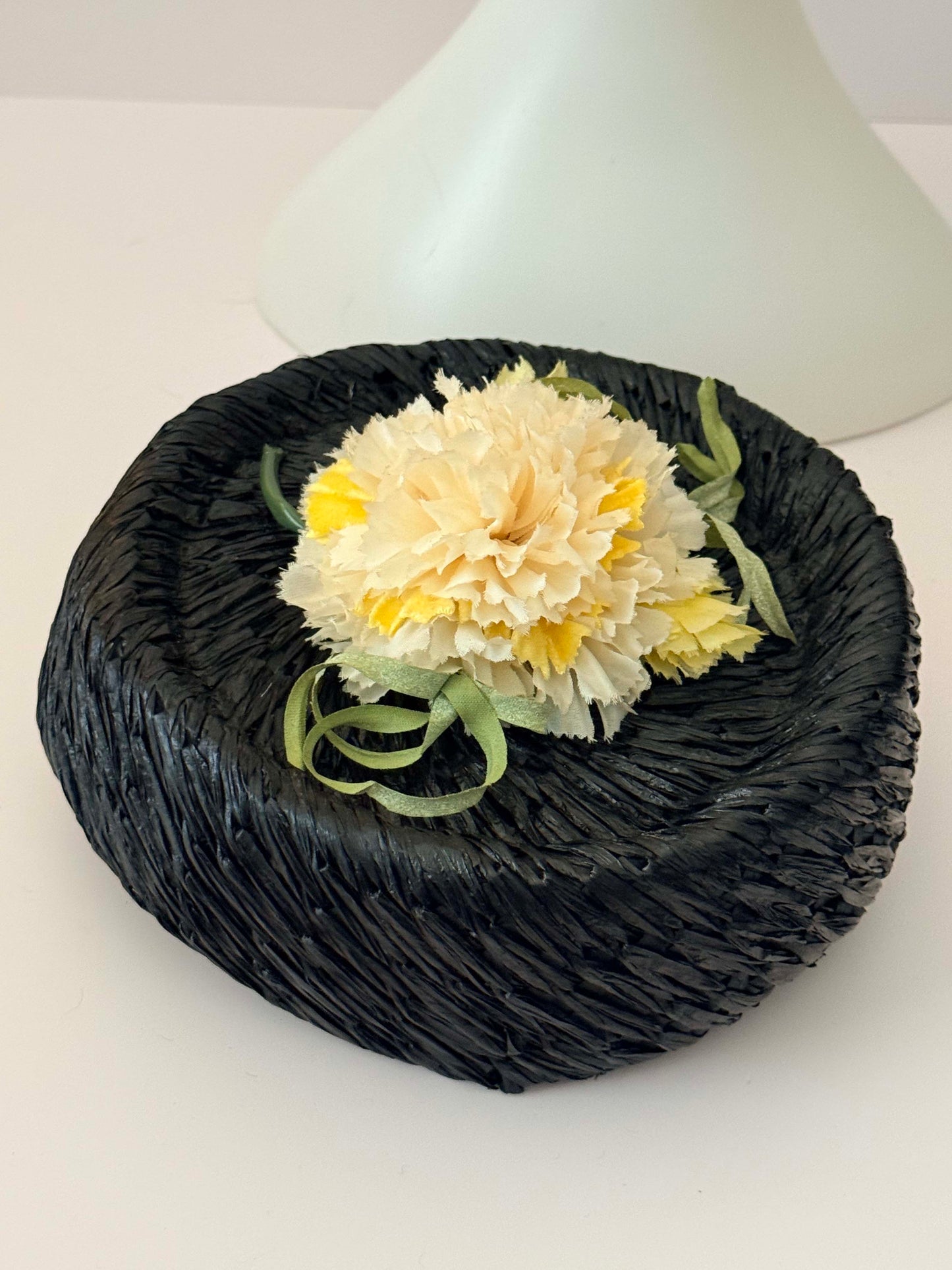 1950s Black Raffia Floral Vintage Hat – Woven Straw Cocktail Hat with Yellow Bloom