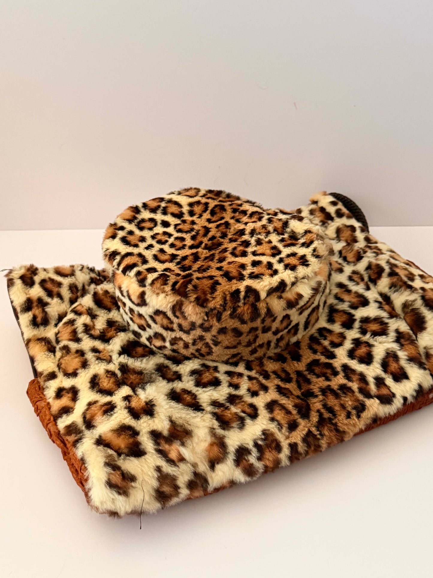 Vintage Leopard Faux Fur Hat & Muff Set – 1950s Style Winter Glamour Set Retro Animal Print Cold Weather Ensemble