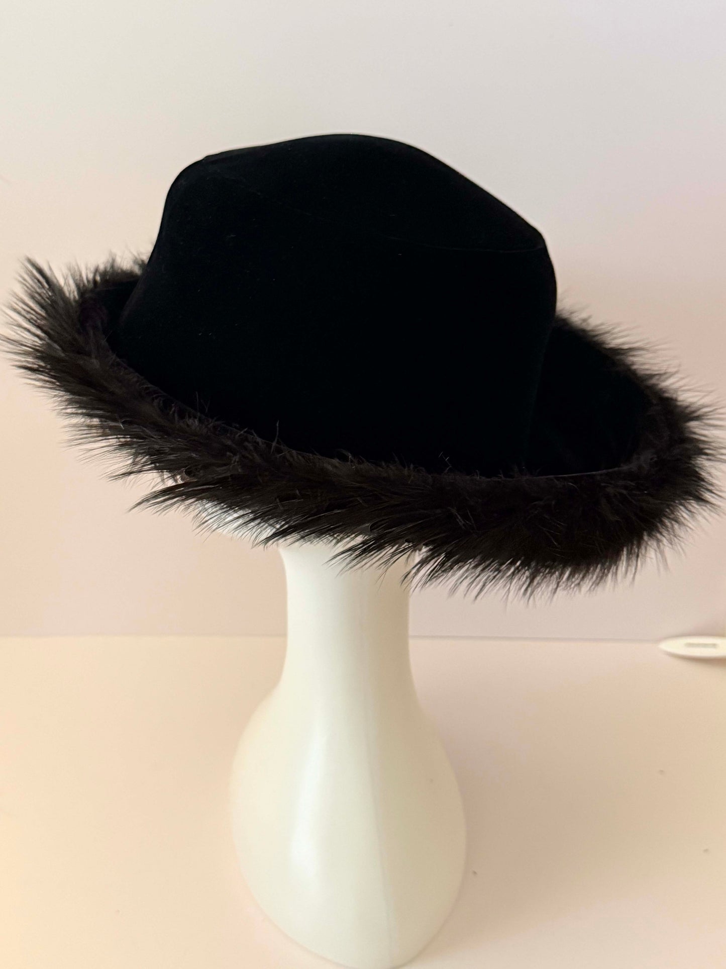 Vintage Jack McConnell Black Velvet Hat with Fur Trim – 1950s Designer Cocktail Hat Luxe Winter Millinery Statement