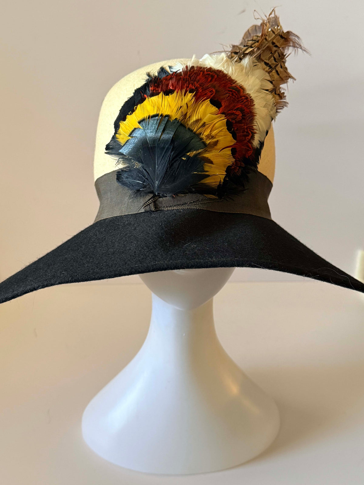 Vintage 1960s Mr Charles Black Wool Felt Wide Brim Hat Pheasant Feather Trim Designer Women's Statement Millinery