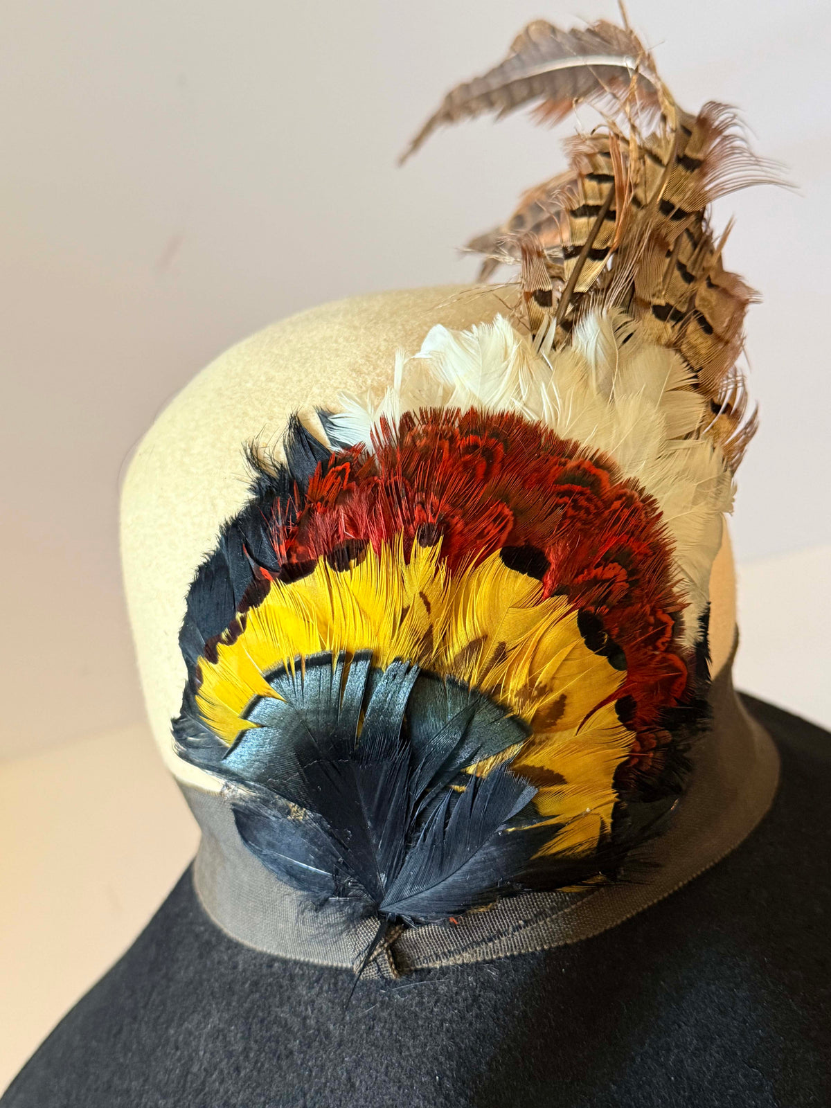 Vintage 1960s Mr Charles Black Wool Felt Wide Brim Hat Pheasant Feather Trim Designer Women's Statement Millinery
