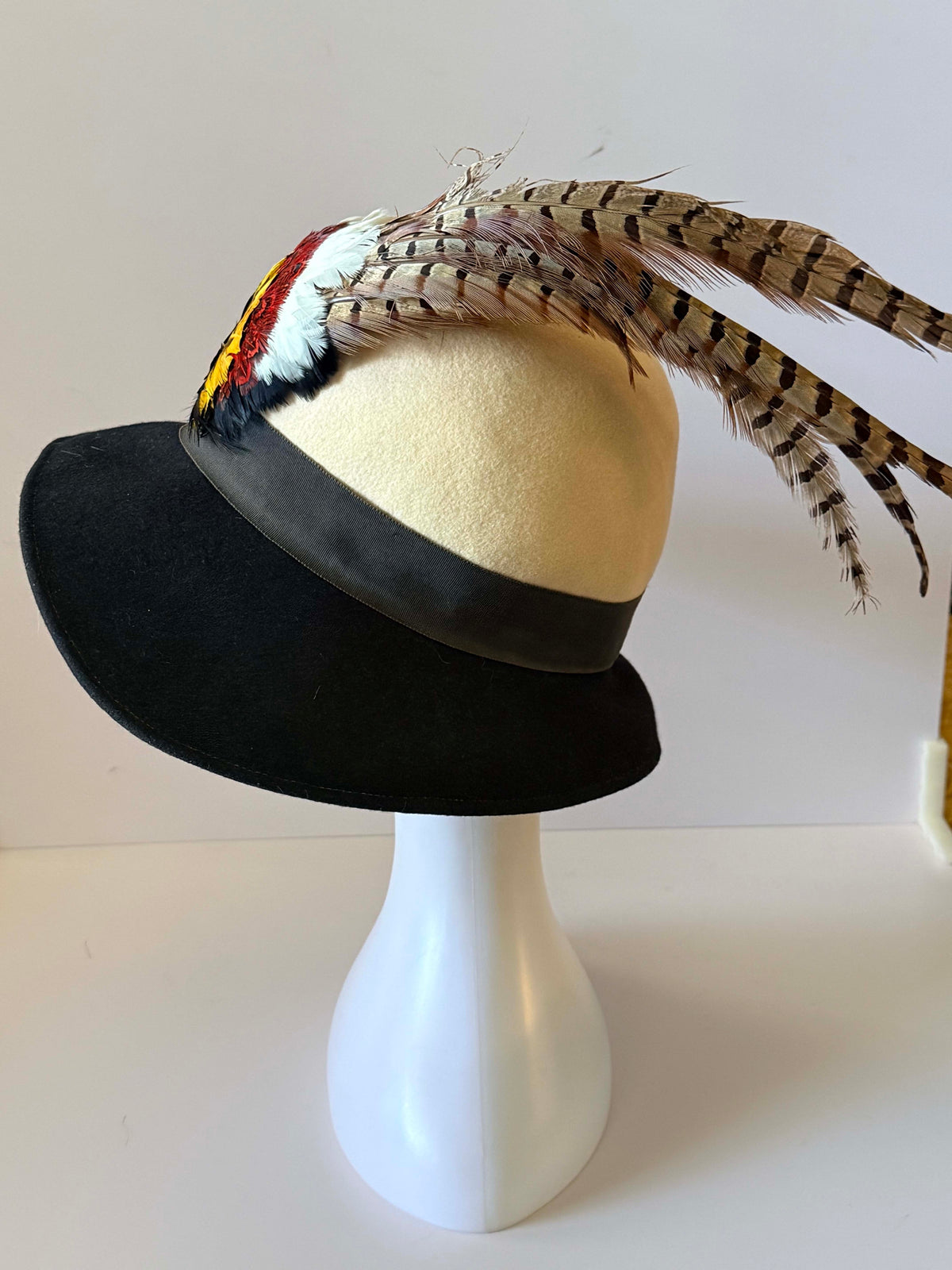Vintage 1960s Mr Charles Black Wool Felt Wide Brim Hat Pheasant Feather Trim Designer Women's Statement Millinery