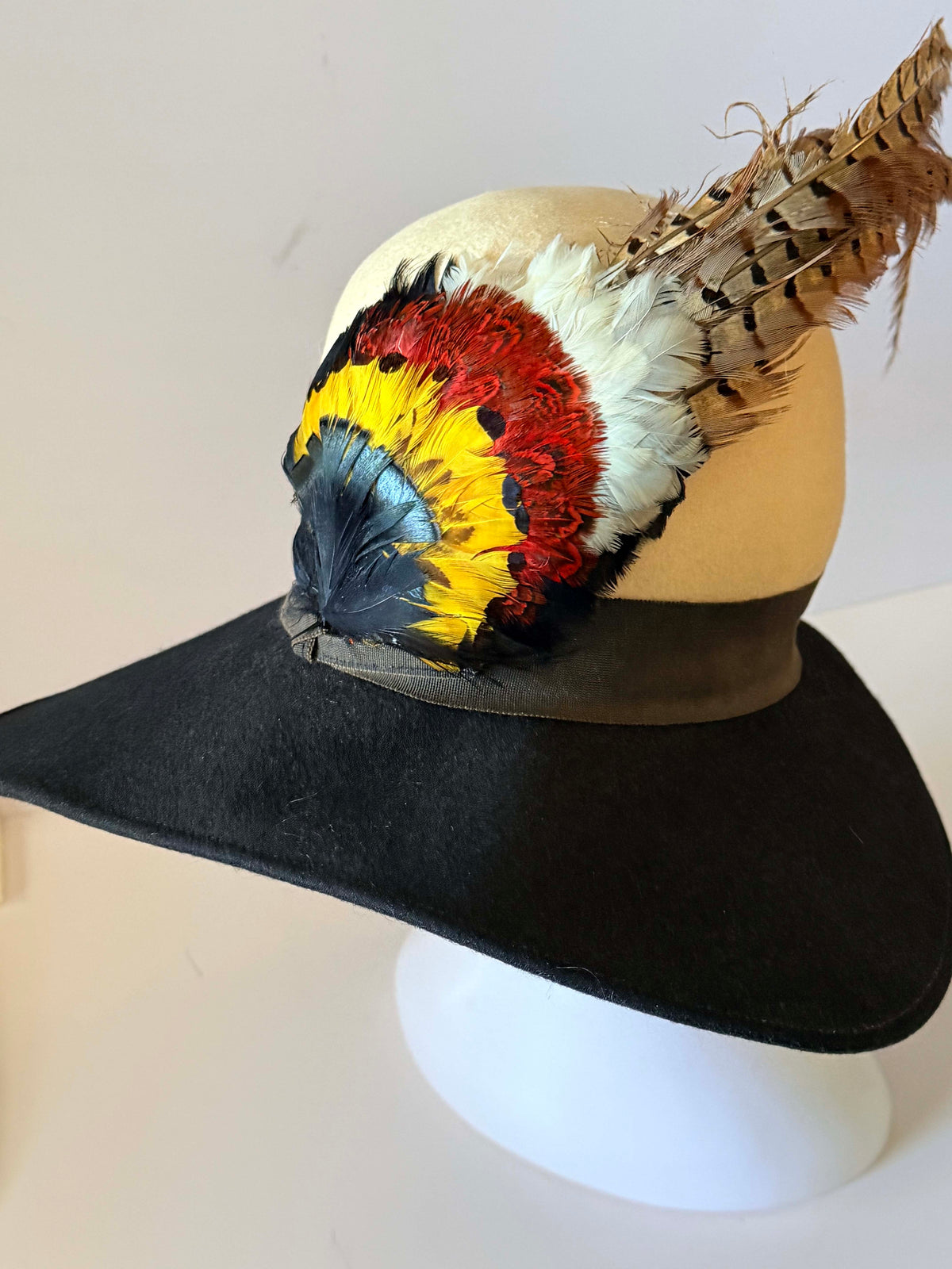 Vintage 1960s Mr Charles Black Wool Felt Wide Brim Hat Pheasant Feather Trim Designer Women's Statement Millinery