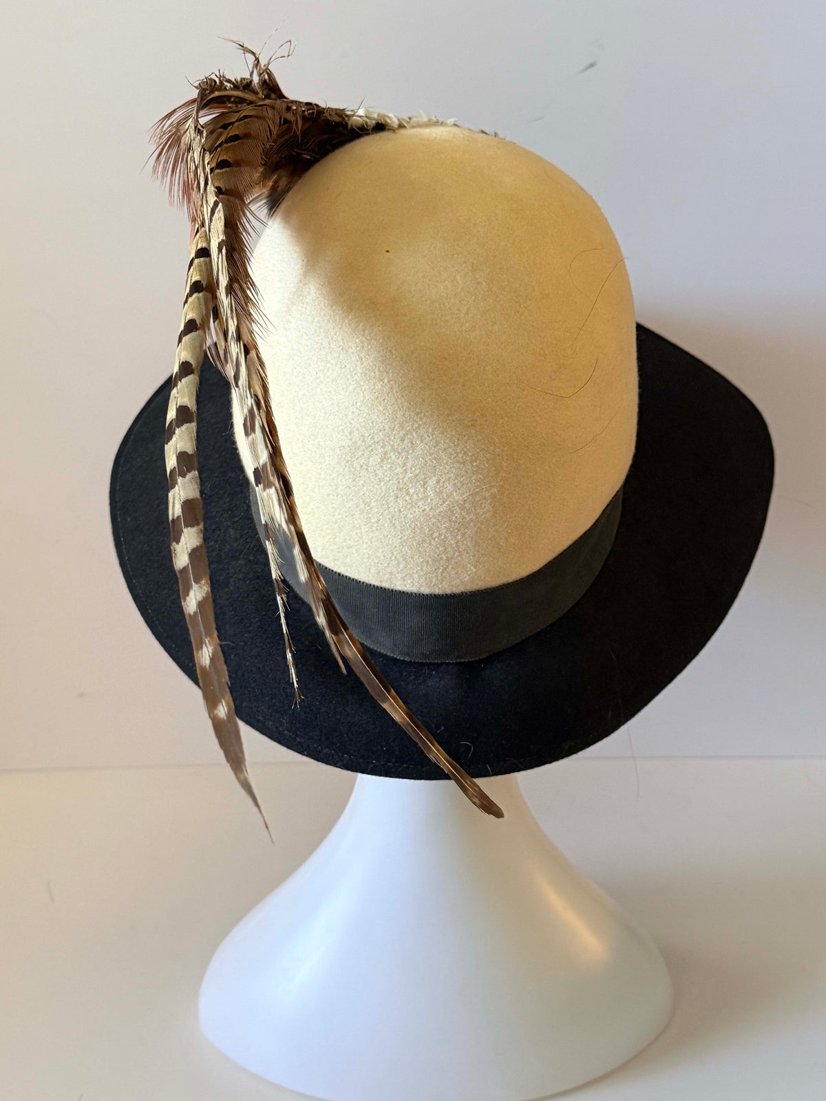 Vintage 1960s Mr Charles Black Wool Felt Wide Brim Hat Pheasant Feather Trim Designer Women's Statement Millinery