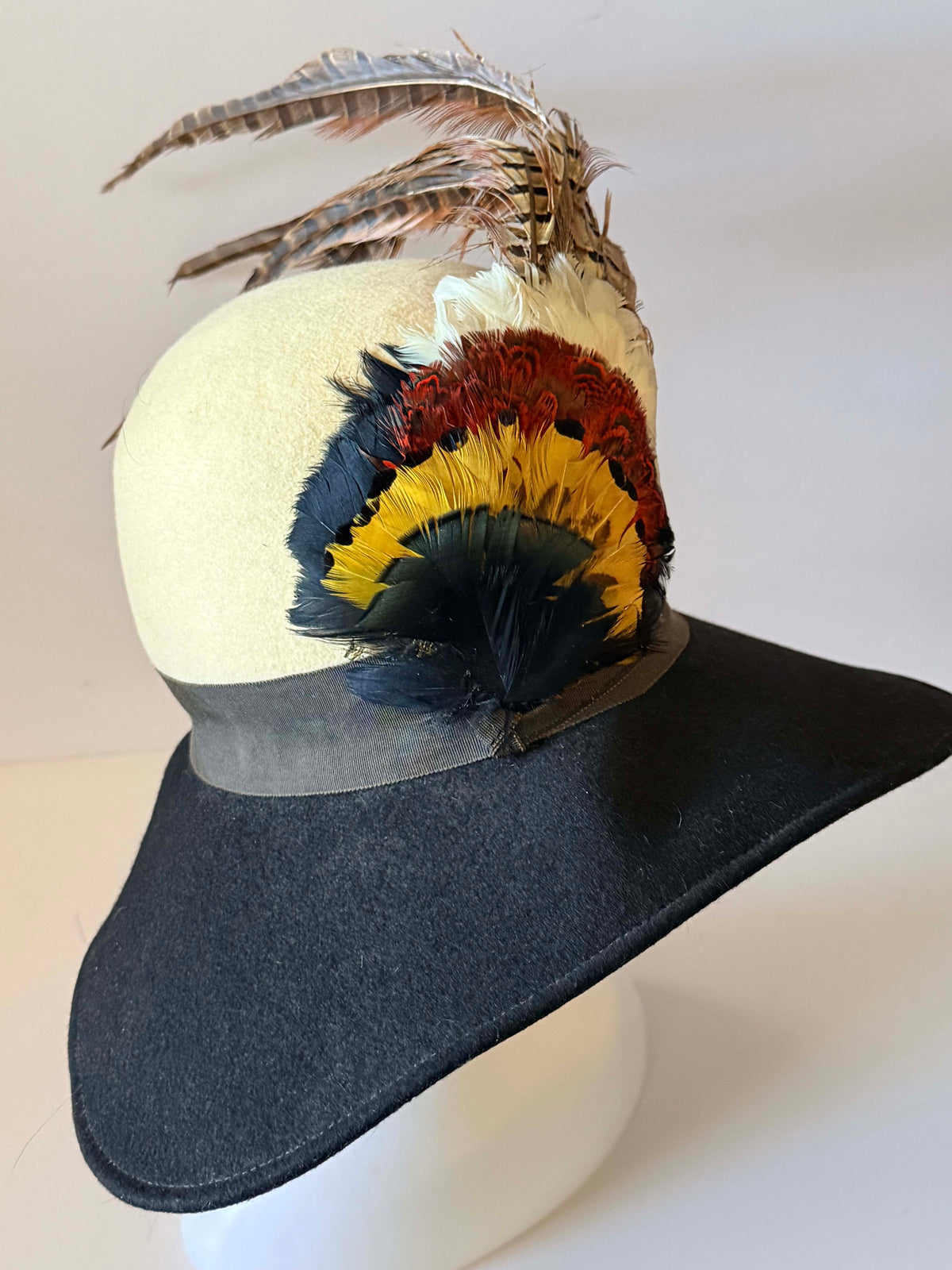 Vintage 1960s Mr Charles Black Wool Felt Wide Brim Hat Pheasant Feather Trim Designer Women's Statement Millinery