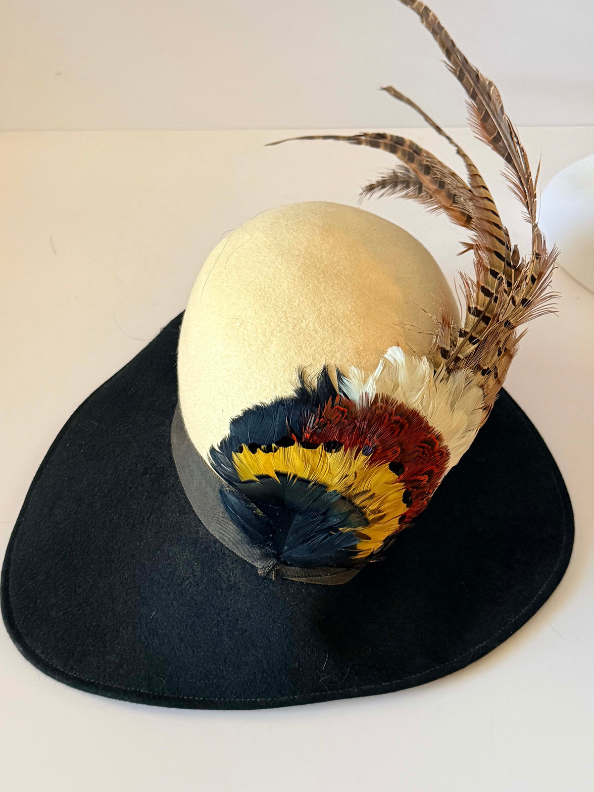 Vintage 1960s Mr Charles Black Wool Felt Wide Brim Hat Pheasant Feather Trim Designer Women's Statement Millinery