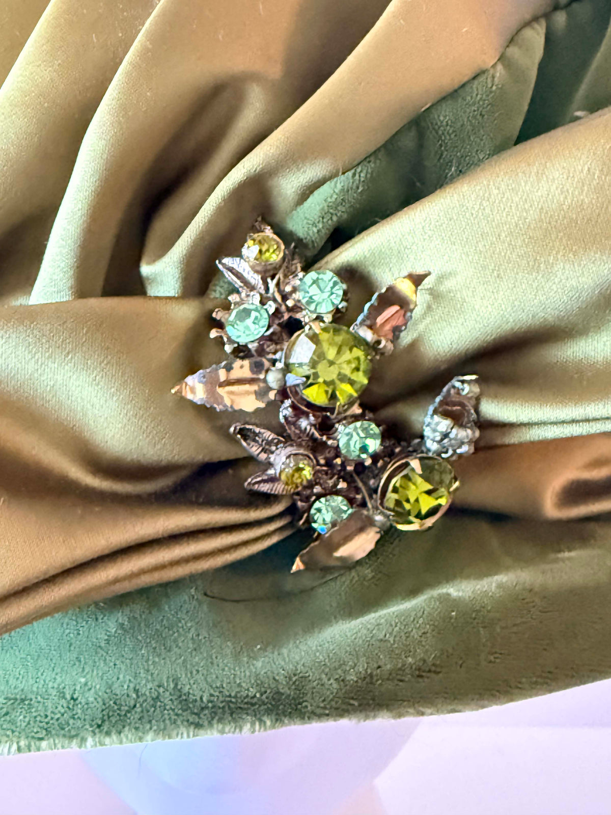 Vintage 1960s Mr Charles Olive Green Velvet Satin Hat Ruched Crown Bow Rhinestone Brooch Women's Designer Millinery