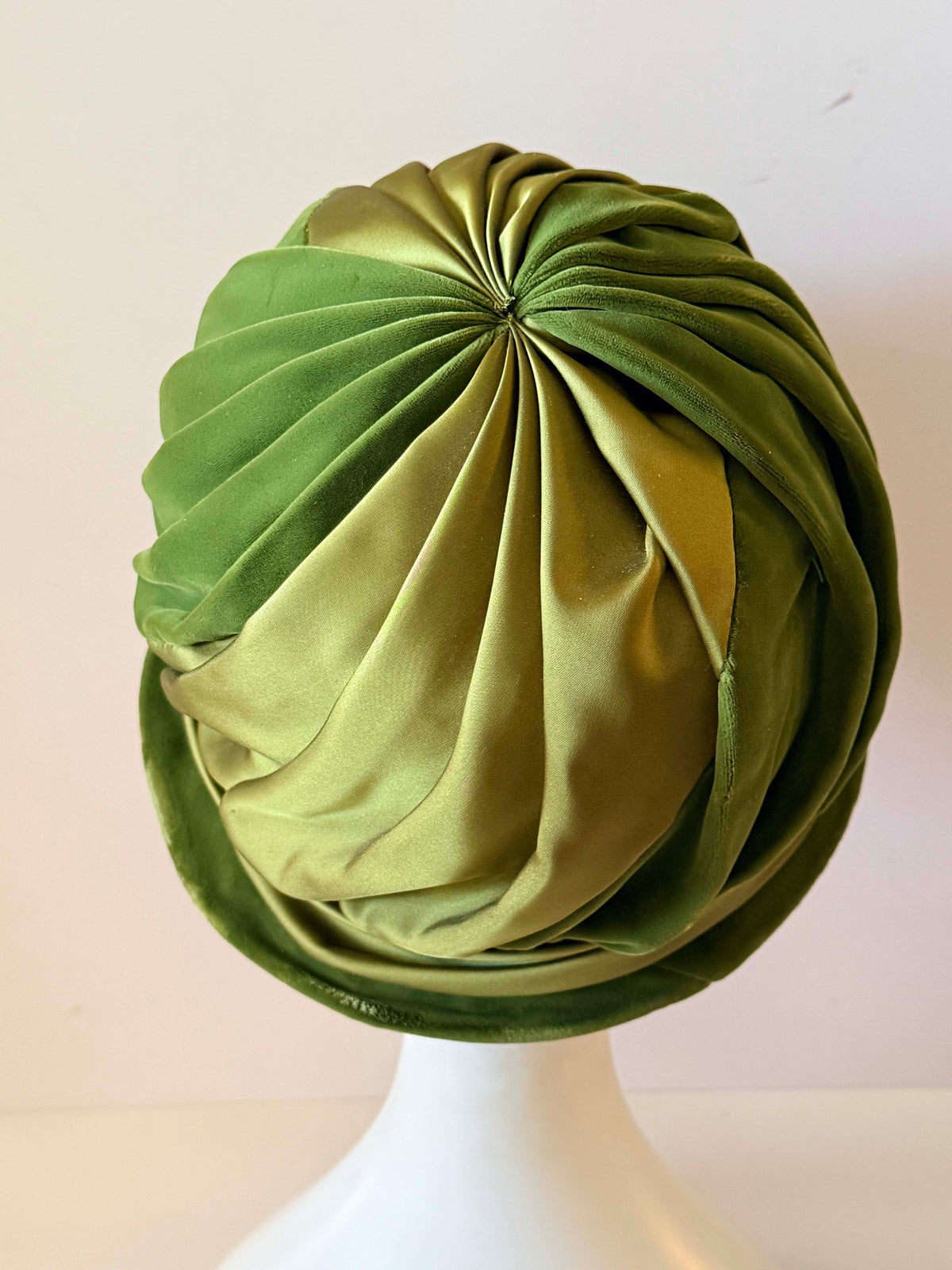 Vintage 1960s Mr Charles Olive Green Velvet Satin Hat Ruched Crown Bow Rhinestone Brooch Women's Designer Millinery