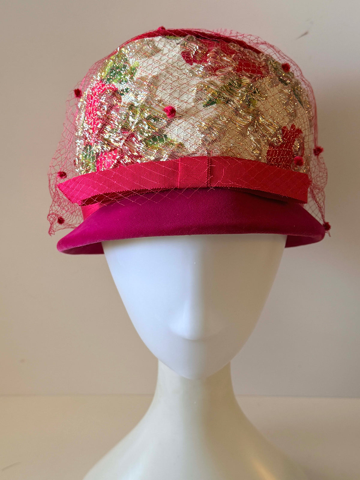 Vintage 1960s Hot Pink Velvet Hat Metallic Gold Floral Brocade Rose Print Red Veil Women's Mod Pillbox Cloche Union Made