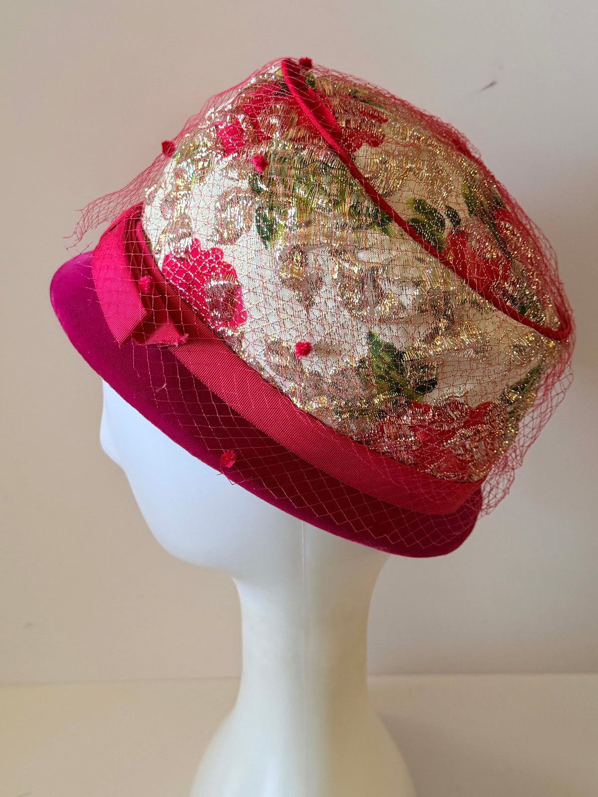 Vintage 1960s Hot Pink Velvet Hat Metallic Gold Floral Brocade Rose Print Red Veil Women's Mod Pillbox Cloche Union Made