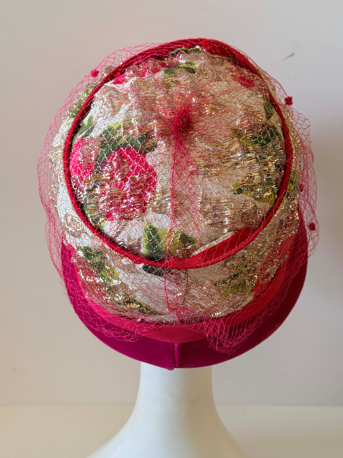 Vintage 1960s Hot Pink Velvet Hat Metallic Gold Floral Brocade Rose Print Red Veil Women's Mod Pillbox Cloche Union Made