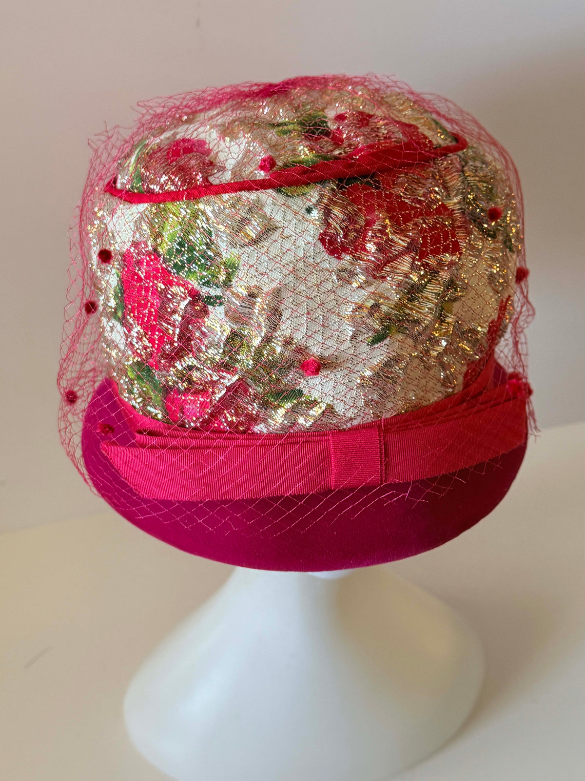 Vintage 1960s Hot Pink Velvet Hat Metallic Gold Floral Brocade Rose Print Red Veil Women's Mod Pillbox Cloche Union Made