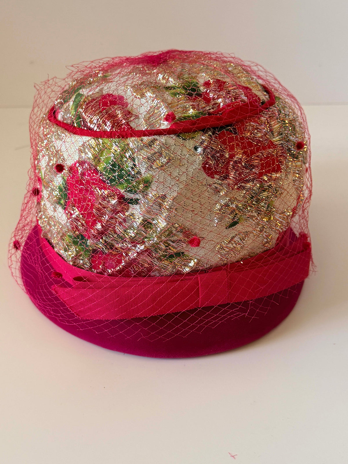 Vintage 1960s Hot Pink Velvet Hat Metallic Gold Floral Brocade Rose Print Red Veil Women's Mod Pillbox Cloche Union Made