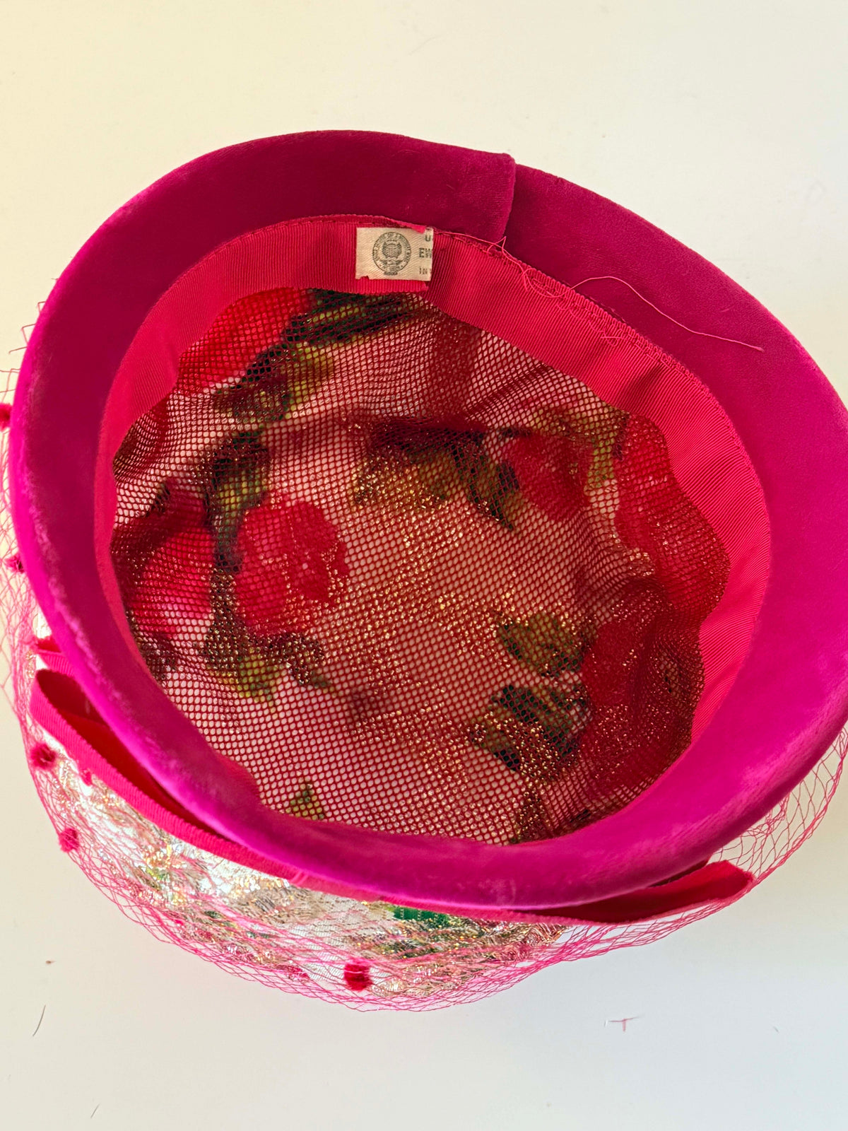 Vintage 1960s Hot Pink Velvet Hat Metallic Gold Floral Brocade Rose Print Red Veil Women's Mod Pillbox Cloche Union Made