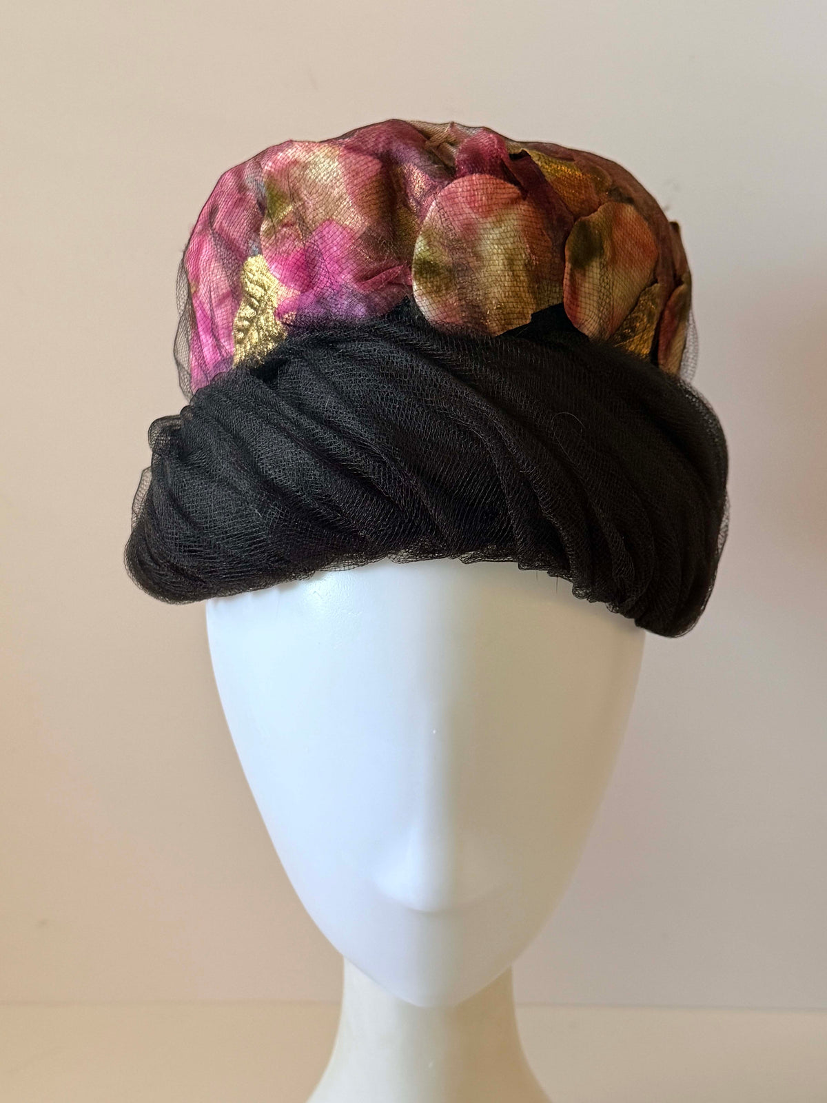 Vintage 1950s Black Tulle Cocktail Hat Pink Mauve Gold Floral Petal Crown Draped Net Women's Mid Century Millinery